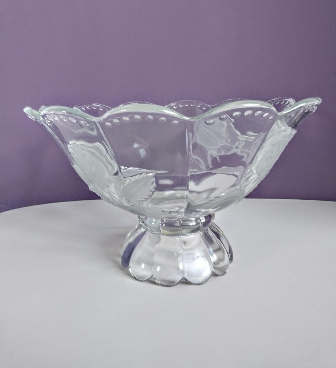 1960s Crystal Compote Bowl: Imperlux Frosted Rose Centerpiece, view 2