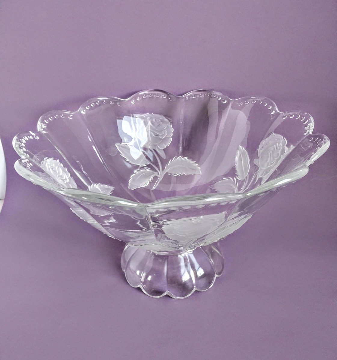 1960s Crystal Compote Bowl: Imperlux Frosted Rose Centerpiece, view 3