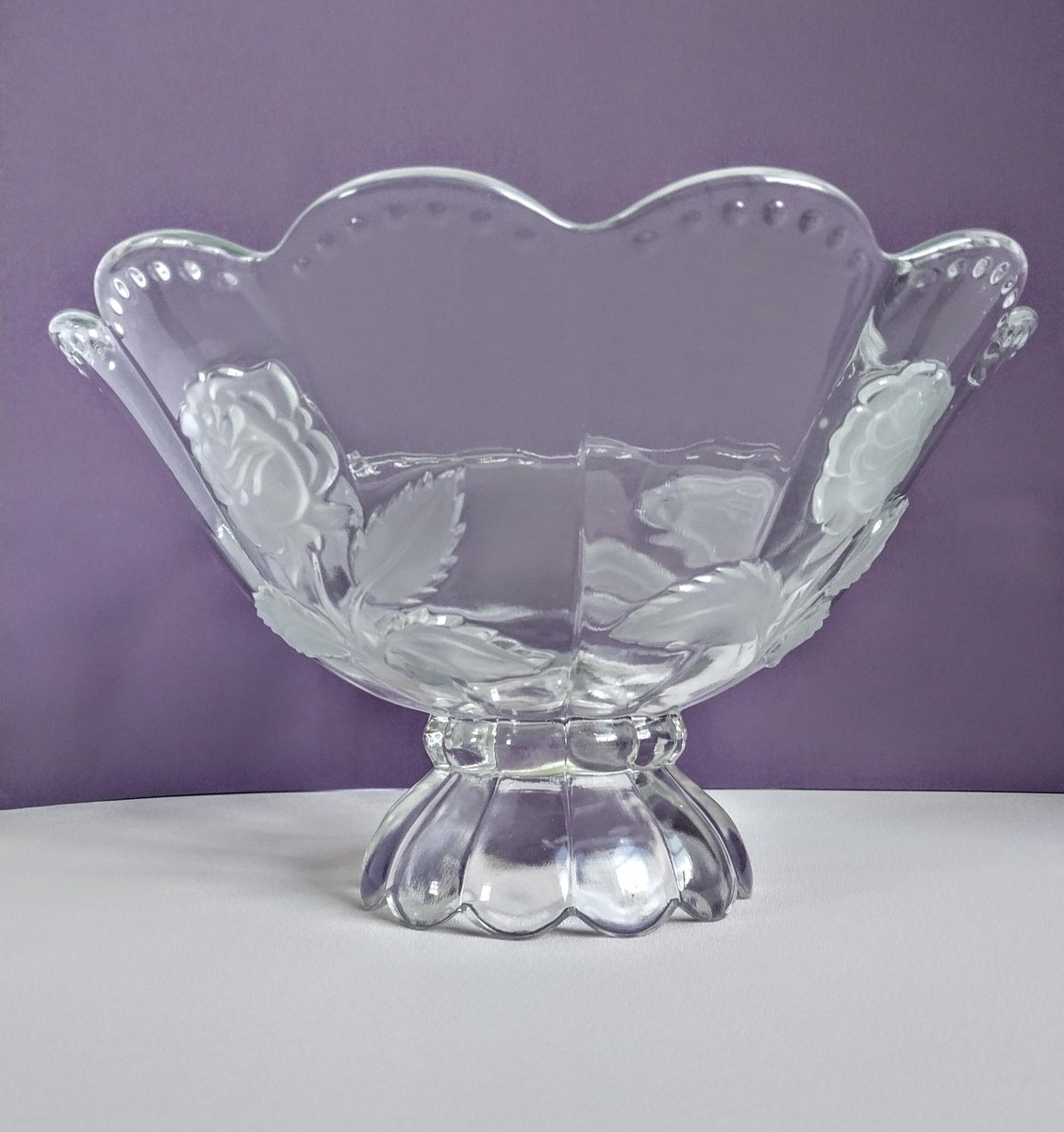 1960s Crystal Compote Bowl: Imperlux Frosted Rose Centerpiece, view 4