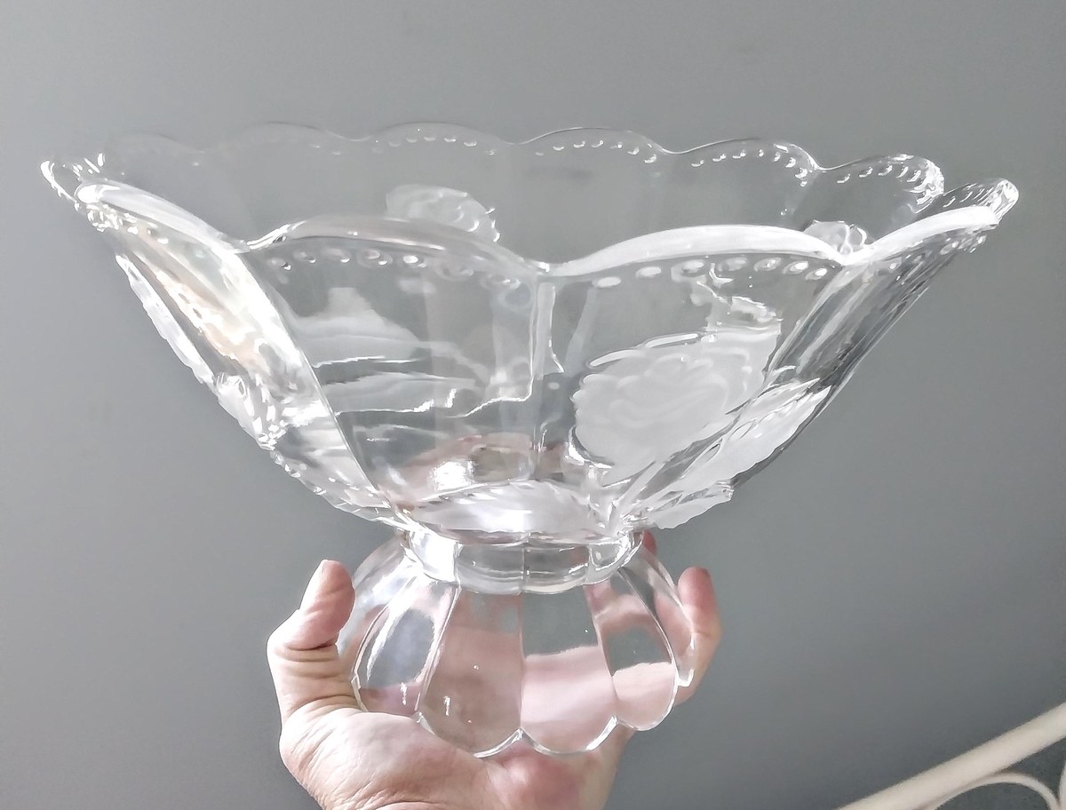 1960s Crystal Compote Bowl: Imperlux Frosted Rose Centerpiece, view 9