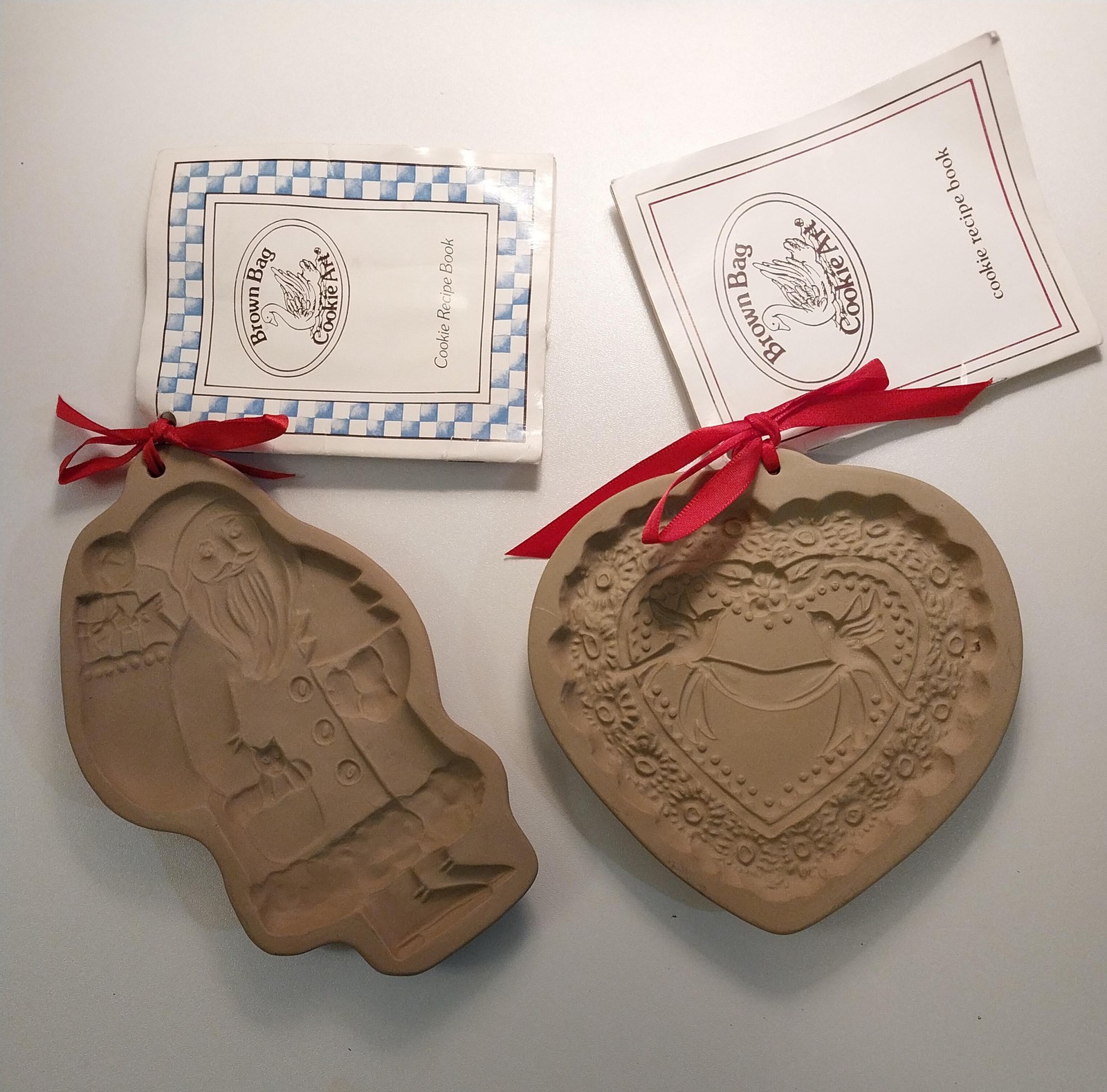 Vintage Brown Bag Cookie Molds Set: Santa & Love Birds - Stoneware with Recipe Booklets