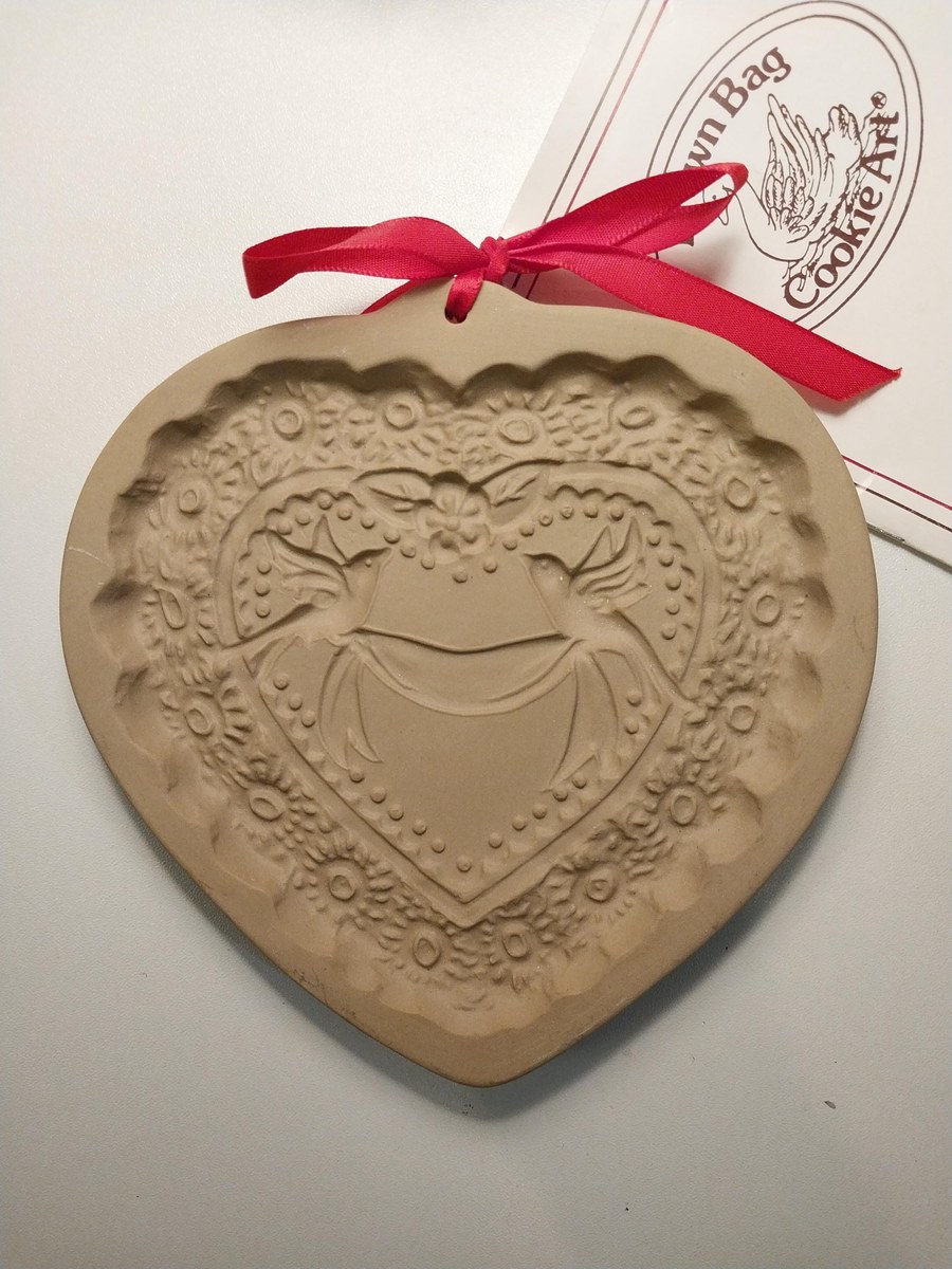 Vintage Brown Bag Cookie Molds Set: Santa & Love Birds - Stoneware with Recipe Booklets, view 2