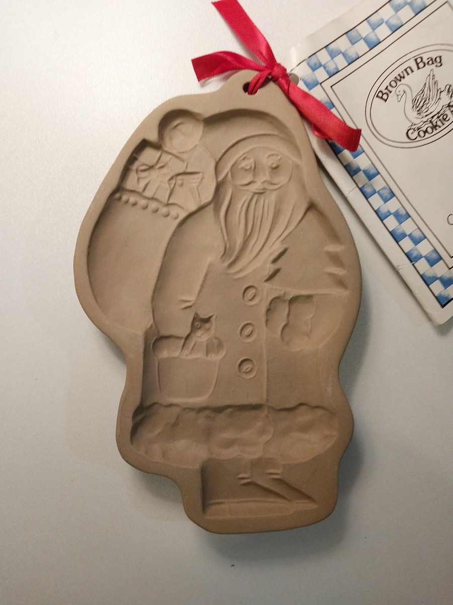 Vintage Brown Bag Cookie Molds Set: Santa & Love Birds - Stoneware with Recipe Booklets, view 4
