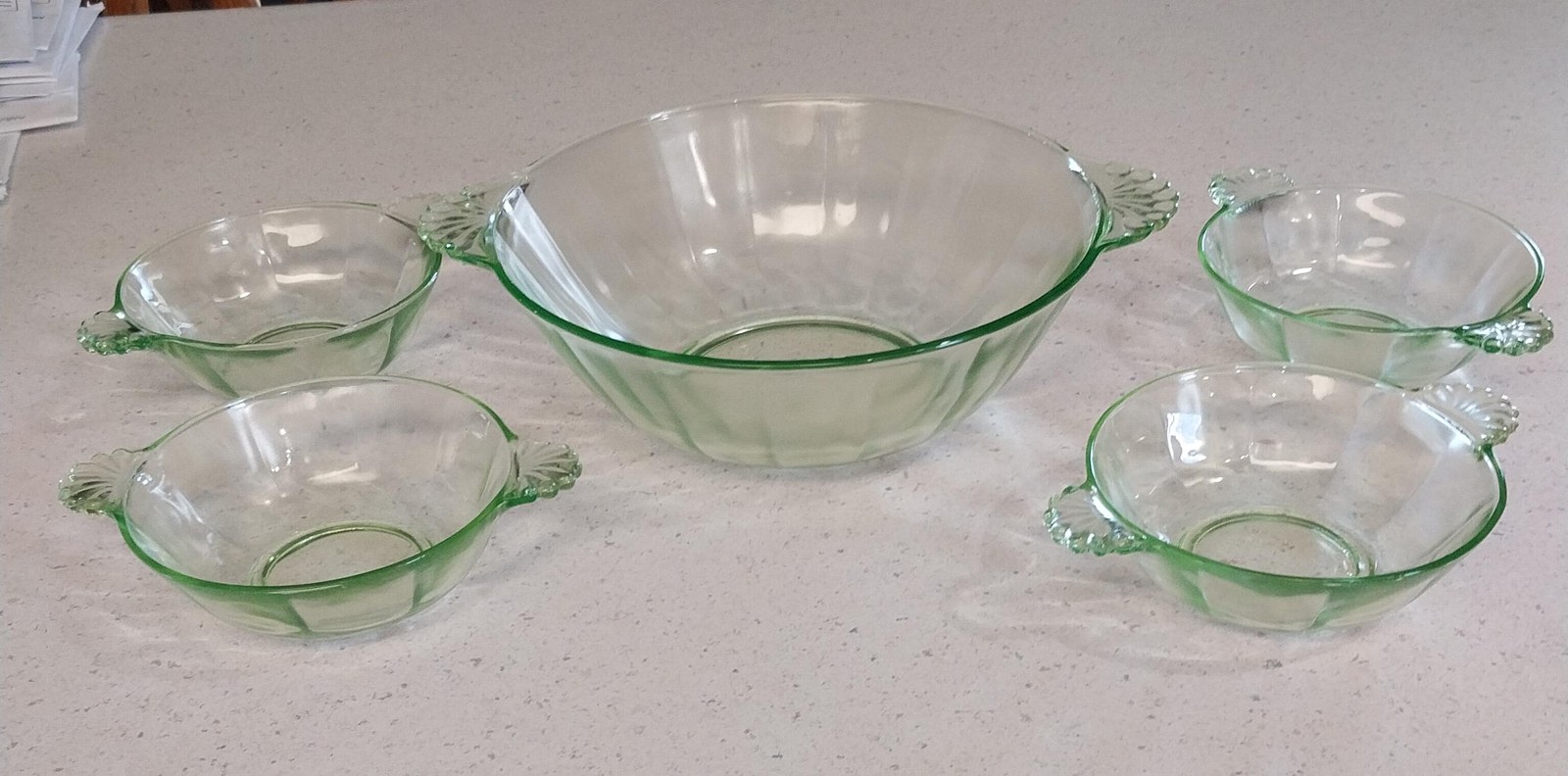 Antique Uranium Glass Berry Bowl Set, 5pc Vaseline Depression Green UV Glow