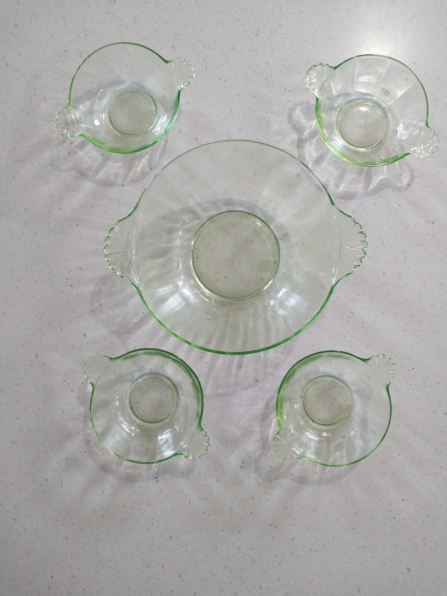 Antique Uranium Glass Berry Bowl Set, 5pc Vaseline Depression Green UV Glow, view 2