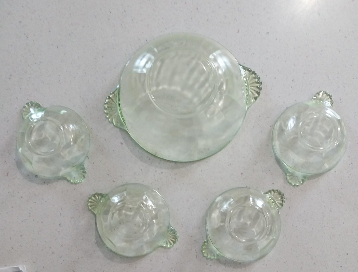 Antique Uranium Glass Berry Bowl Set, 5pc Vaseline Depression Green UV Glow, view 3