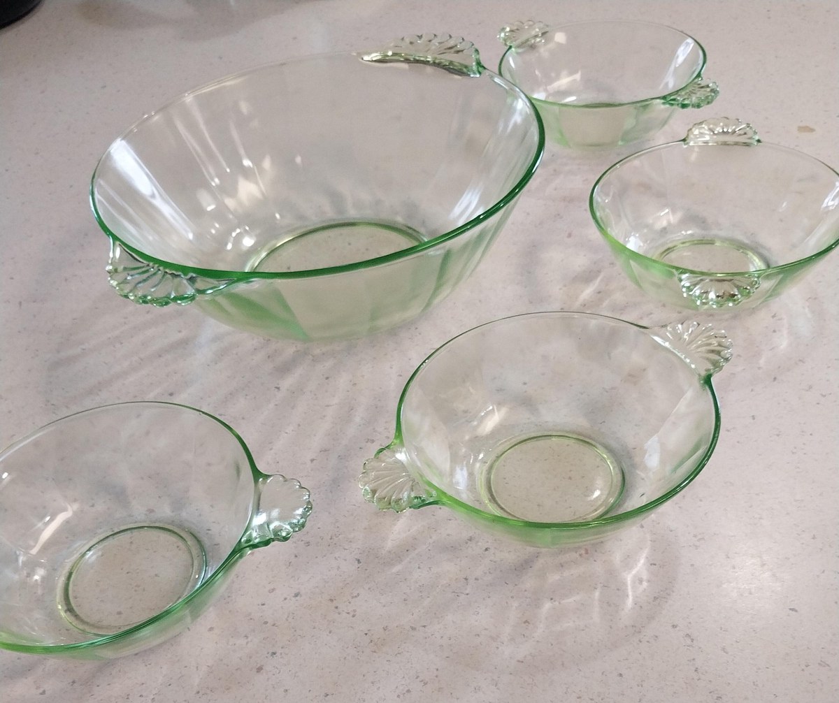 Antique Uranium Glass Berry Bowl Set, 5pc Vaseline Depression Green UV Glow, view 6