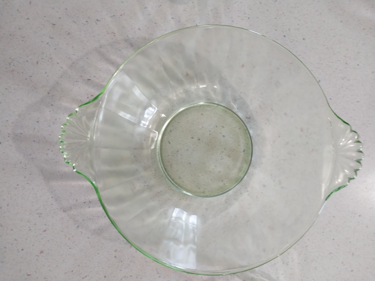 Antique Uranium Glass Berry Bowl Set, 5pc Vaseline Depression Green UV Glow, view 7