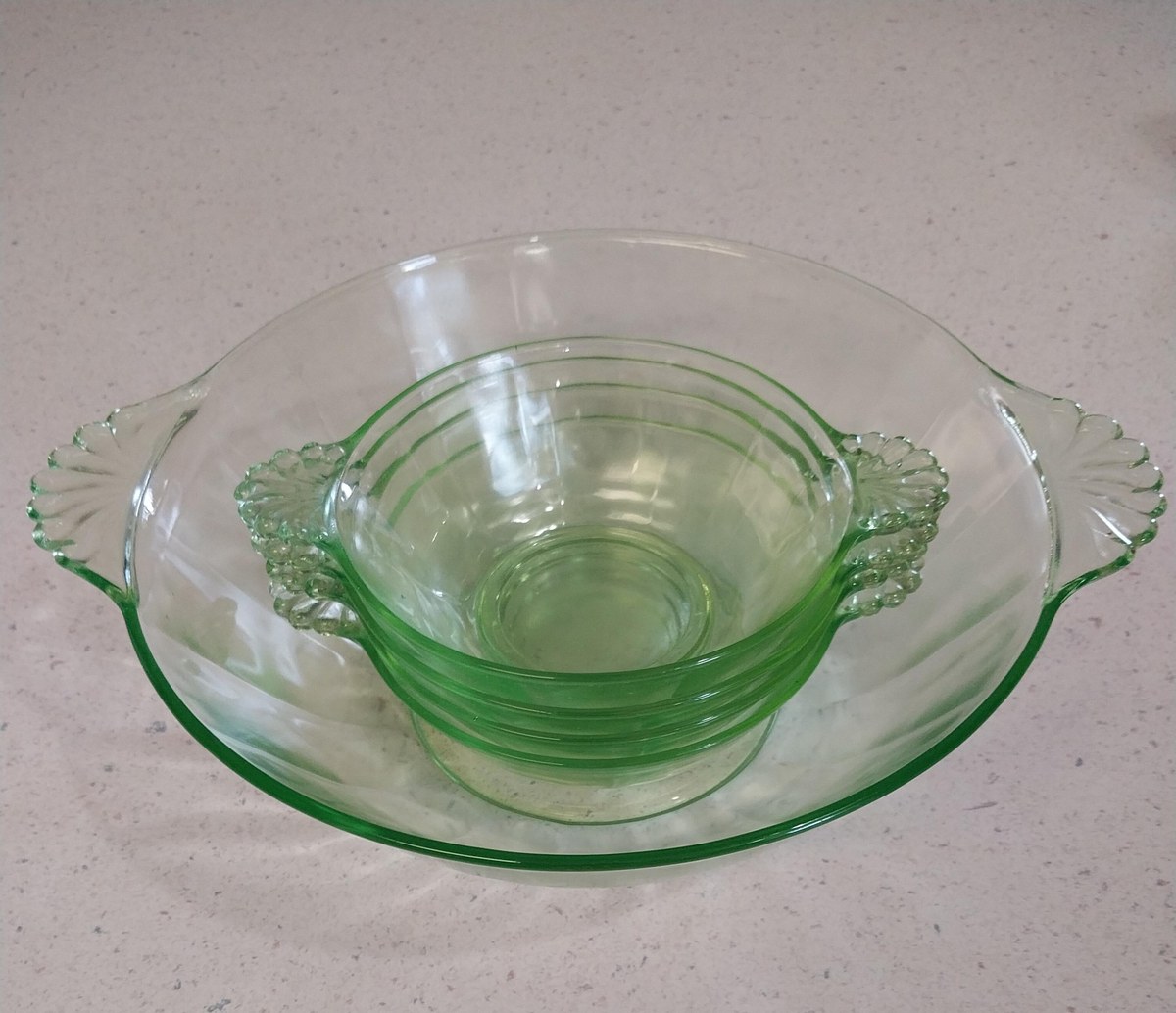 Antique Uranium Glass Berry Bowl Set, 5pc Vaseline Depression Green UV Glow, view 8