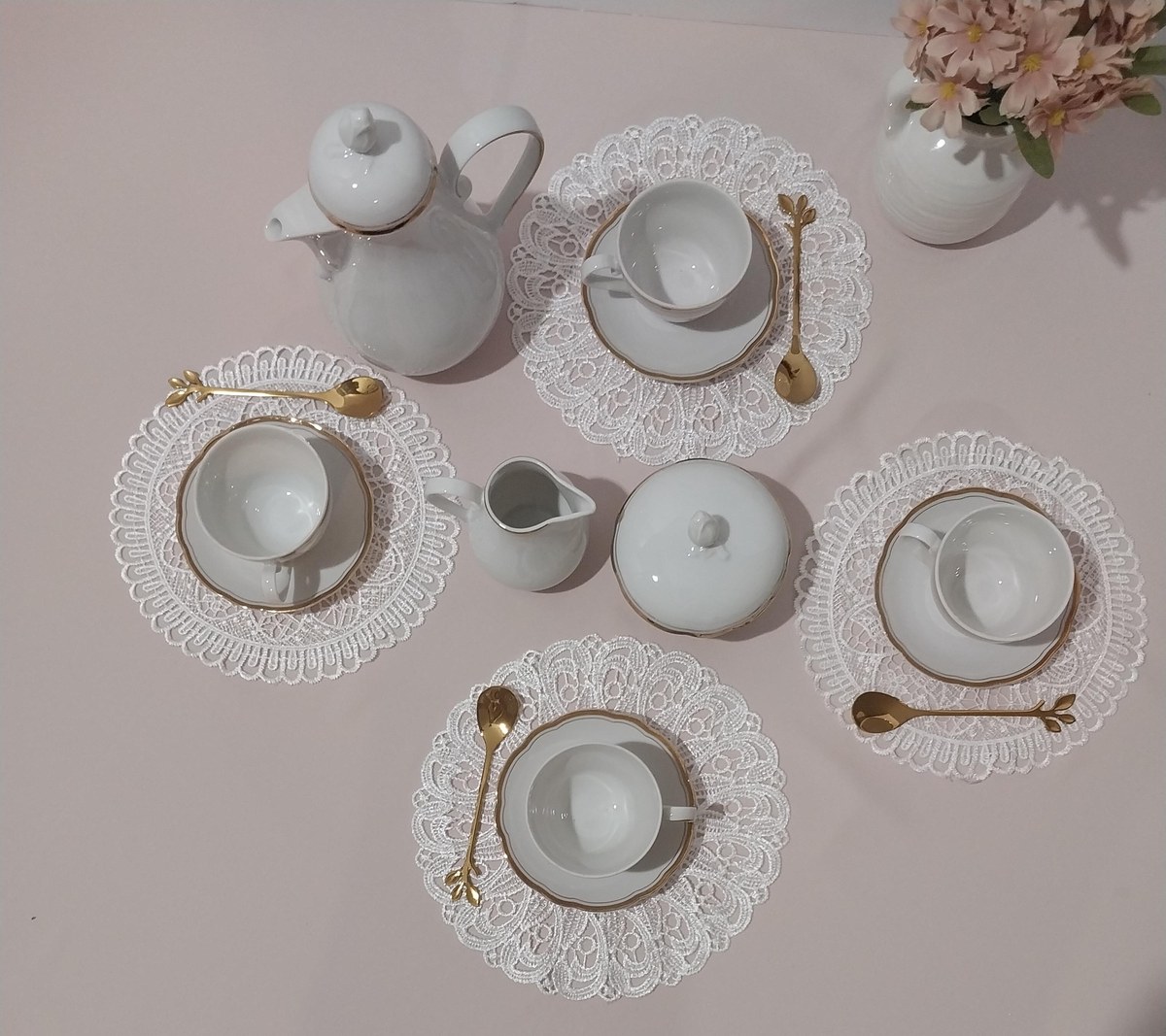 Vintage Kahla GDR Demitasse Set: White Porcelain, Gold Trim, view 3