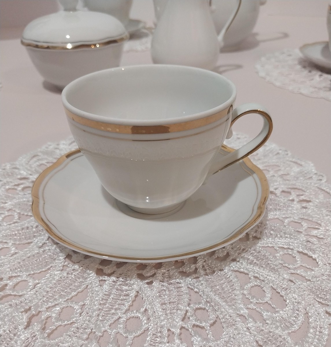 Vintage Kahla GDR Demitasse Set: White Porcelain, Gold Trim, view 6