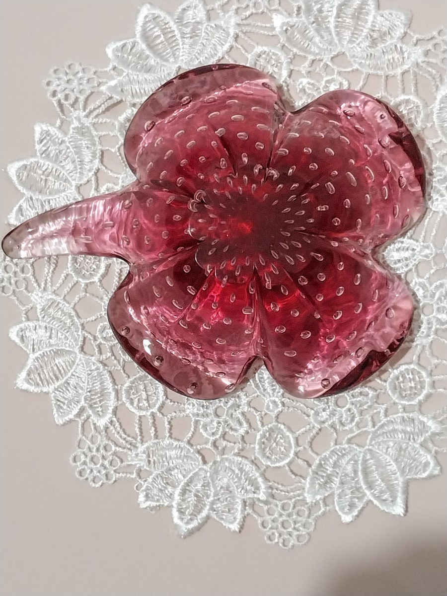 Vintage Murano Cranberry Bullicante Art Glass Bowl, Controlled Bubble Italian Glass, Hand Blown Venetian Console Bowl, Mid Century Decor, view 10