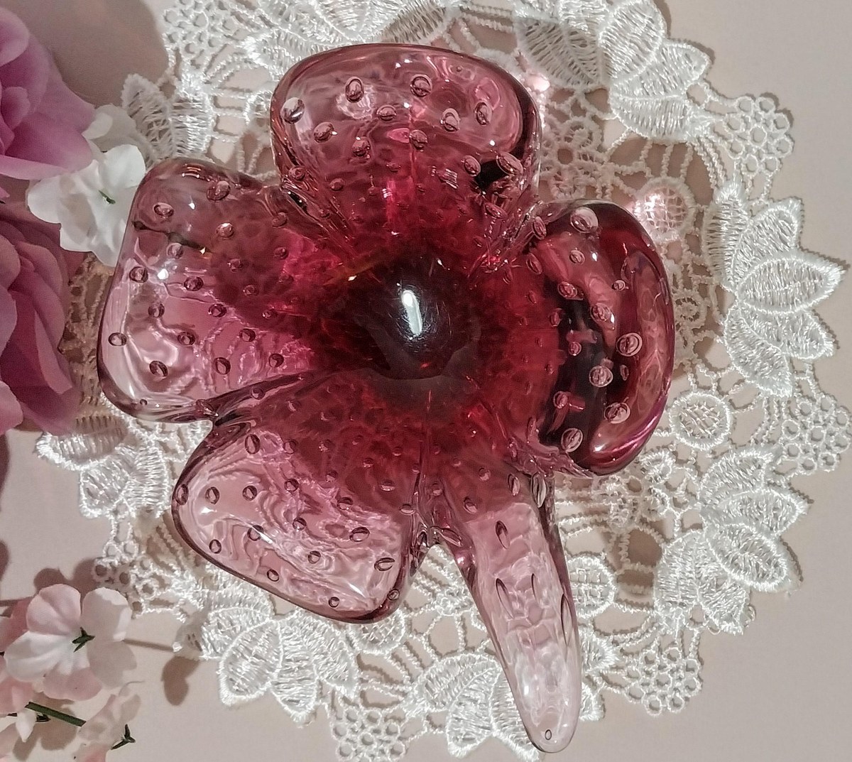 Vintage Murano Cranberry Bullicante Art Glass Bowl, Controlled Bubble Italian Glass, Hand Blown Venetian Console Bowl, Mid Century Decor, view 2