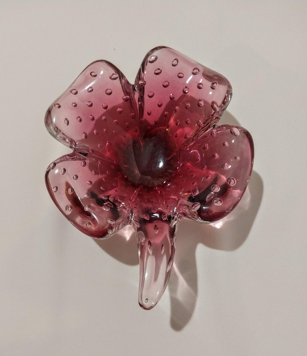 Vintage Murano Cranberry Bullicante Art Glass Bowl, Controlled Bubble Italian Glass, Hand Blown Venetian Console Bowl, Mid Century Decor, view 3