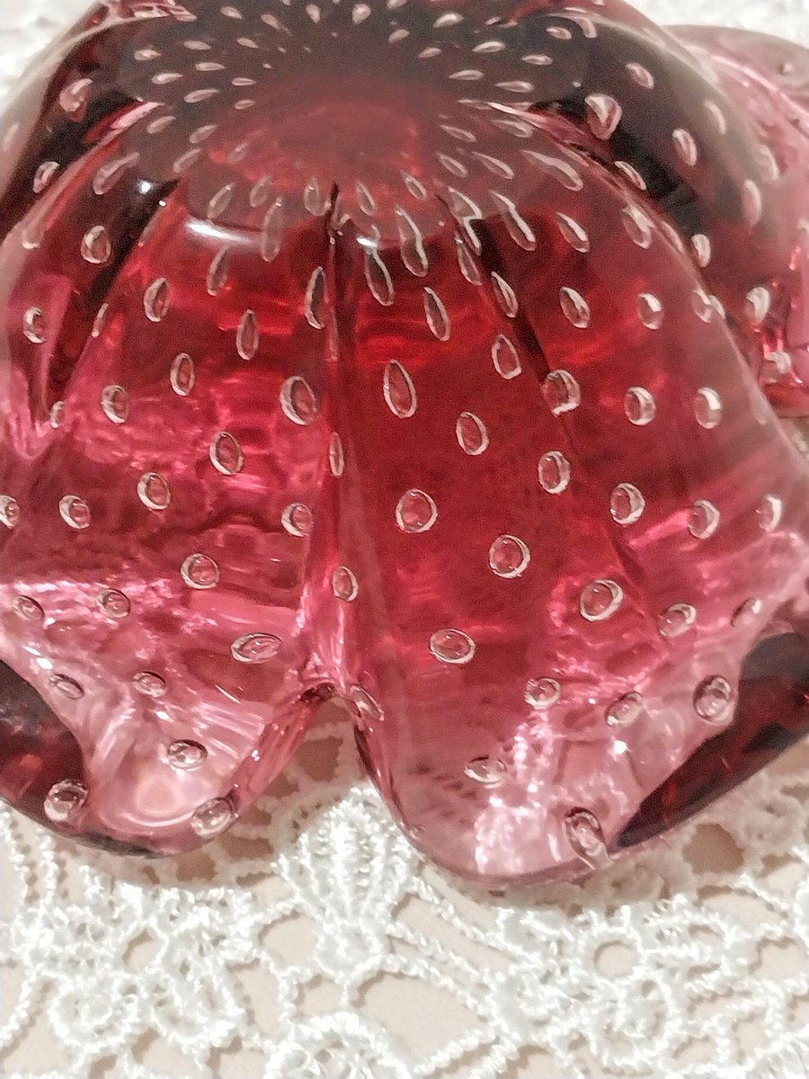 Vintage Murano Cranberry Bullicante Art Glass Bowl, Controlled Bubble Italian Glass, Hand Blown Venetian Console Bowl, Mid Century Decor, view 5