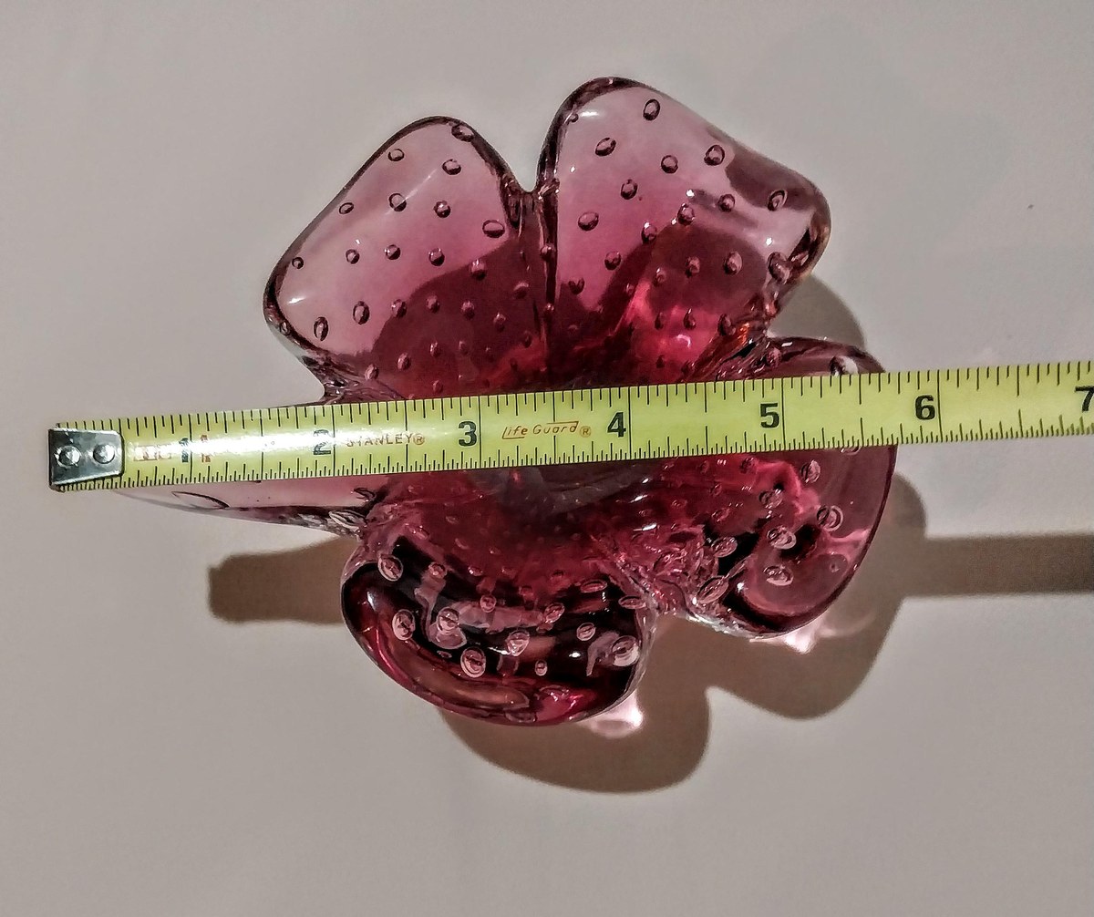 Vintage Murano Cranberry Bullicante Art Glass Bowl, Controlled Bubble Italian Glass, Hand Blown Venetian Console Bowl, Mid Century Decor, view 6