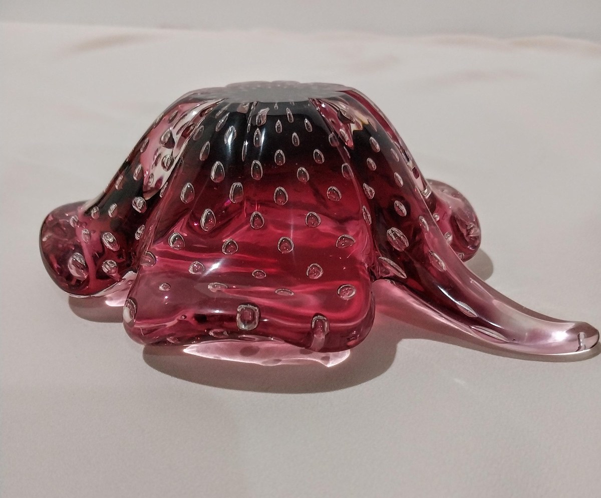 Vintage Murano Cranberry Bullicante Art Glass Bowl, Controlled Bubble Italian Glass, Hand Blown Venetian Console Bowl, Mid Century Decor, view 8