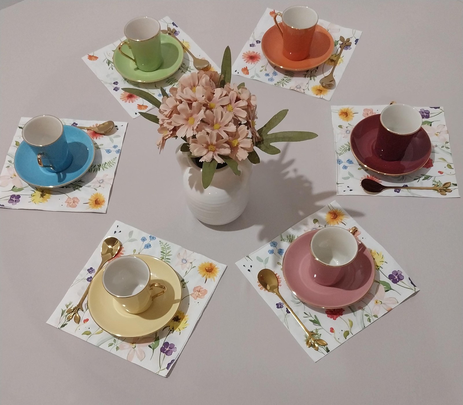 Vintage Pastel Demitasse Set: 1980s Porcelain Espresso Cups, Gold Trim