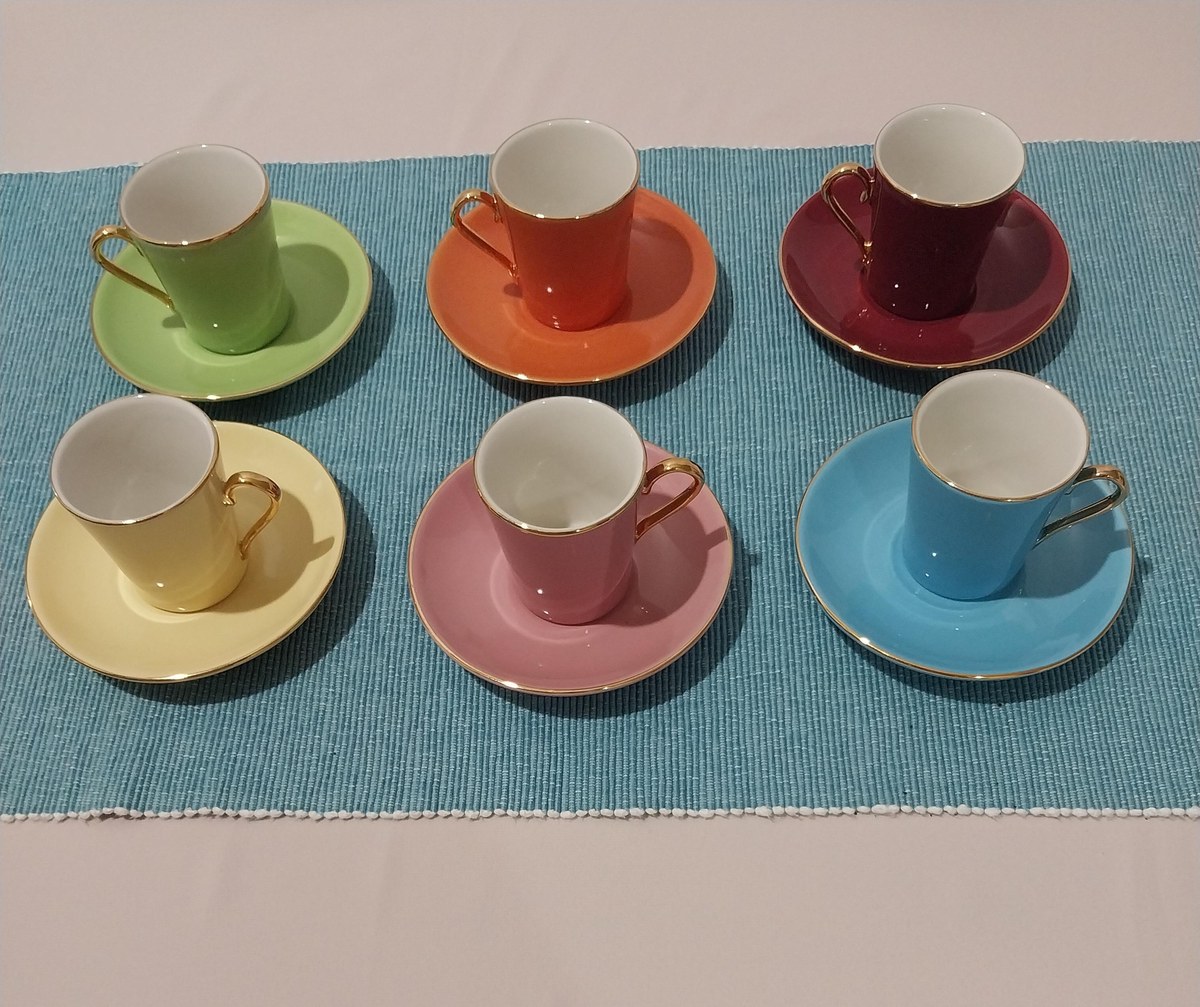 Vintage Pastel Demitasse Set: 1980s Porcelain Espresso Cups, Gold Trim, view 2