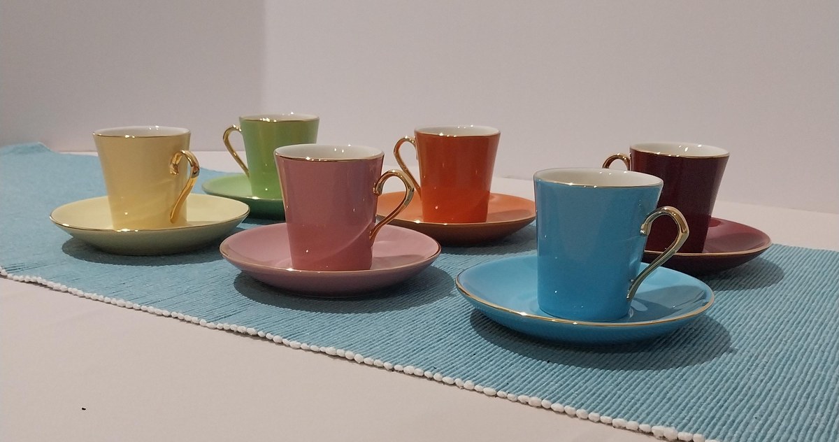 Vintage Pastel Demitasse Set: 1980s Porcelain Espresso Cups, Gold Trim, view 3