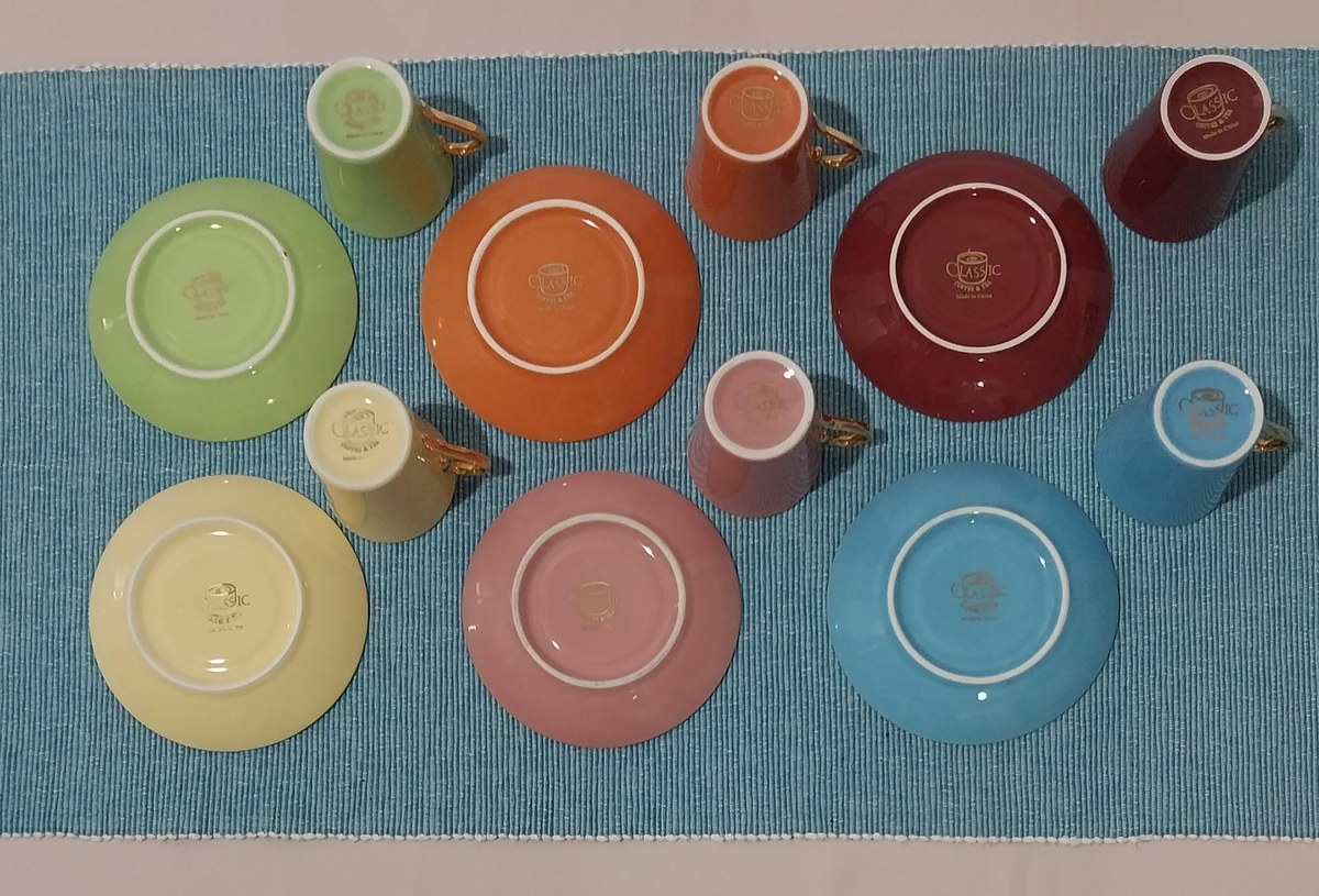 Vintage Pastel Demitasse Set: 1980s Porcelain Espresso Cups, Gold Trim, view 4