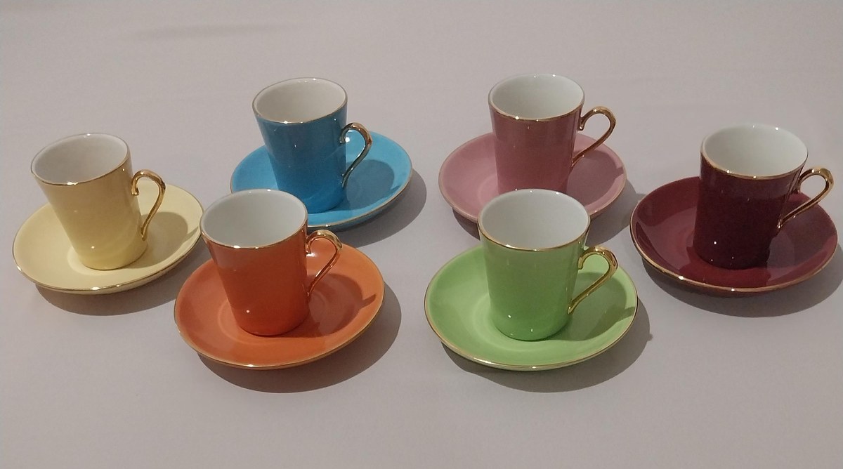 Vintage Pastel Demitasse Set: 1980s Porcelain Espresso Cups, Gold Trim, view 5