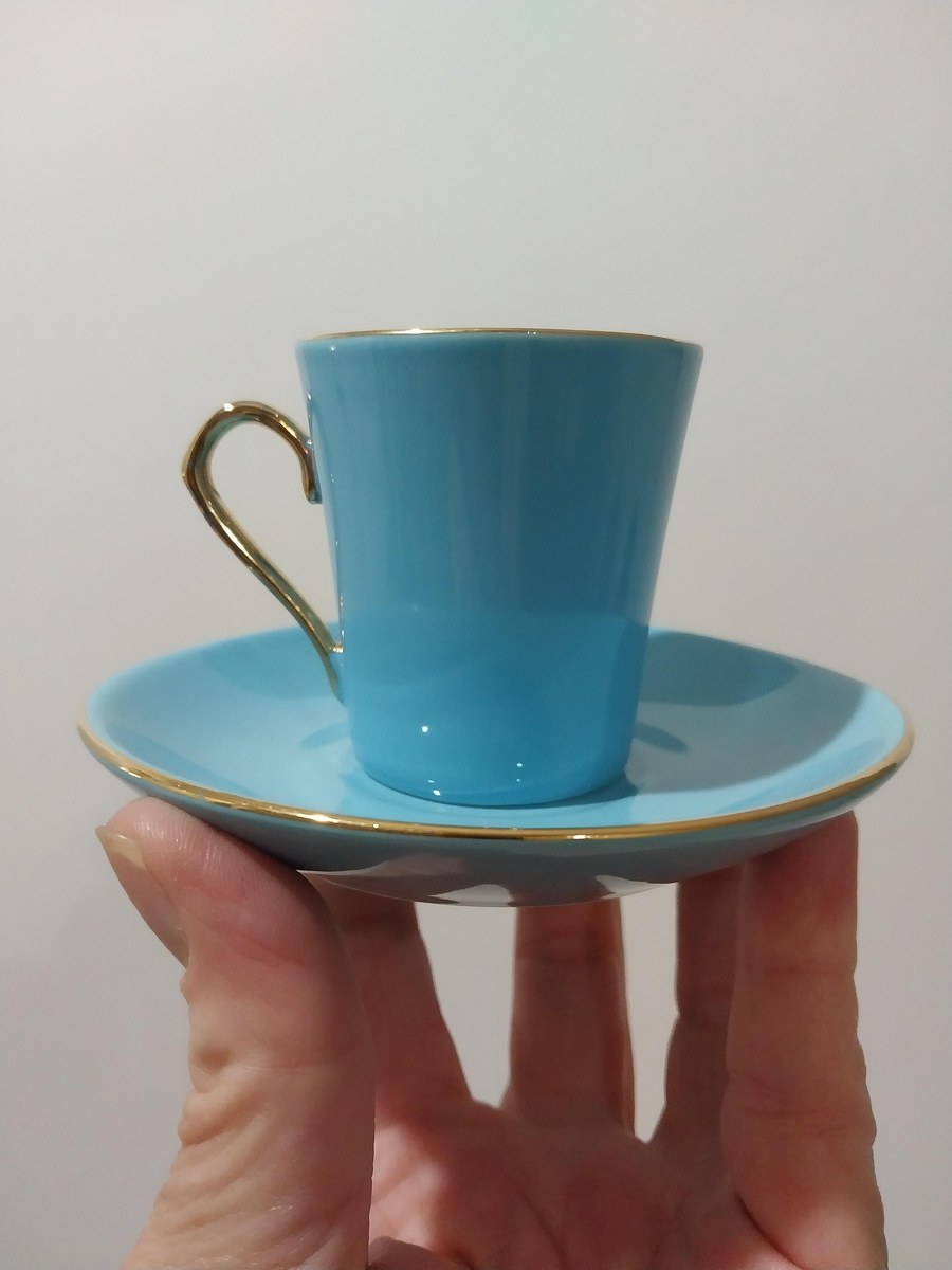 Vintage Pastel Demitasse Set: 1980s Porcelain Espresso Cups, Gold Trim, view 8