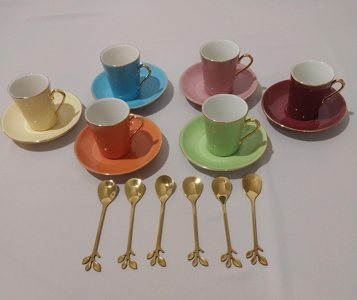 Vintage Pastel Demitasse Set: 1980s Porcelain Espresso Cups, Gold Trim, view 9