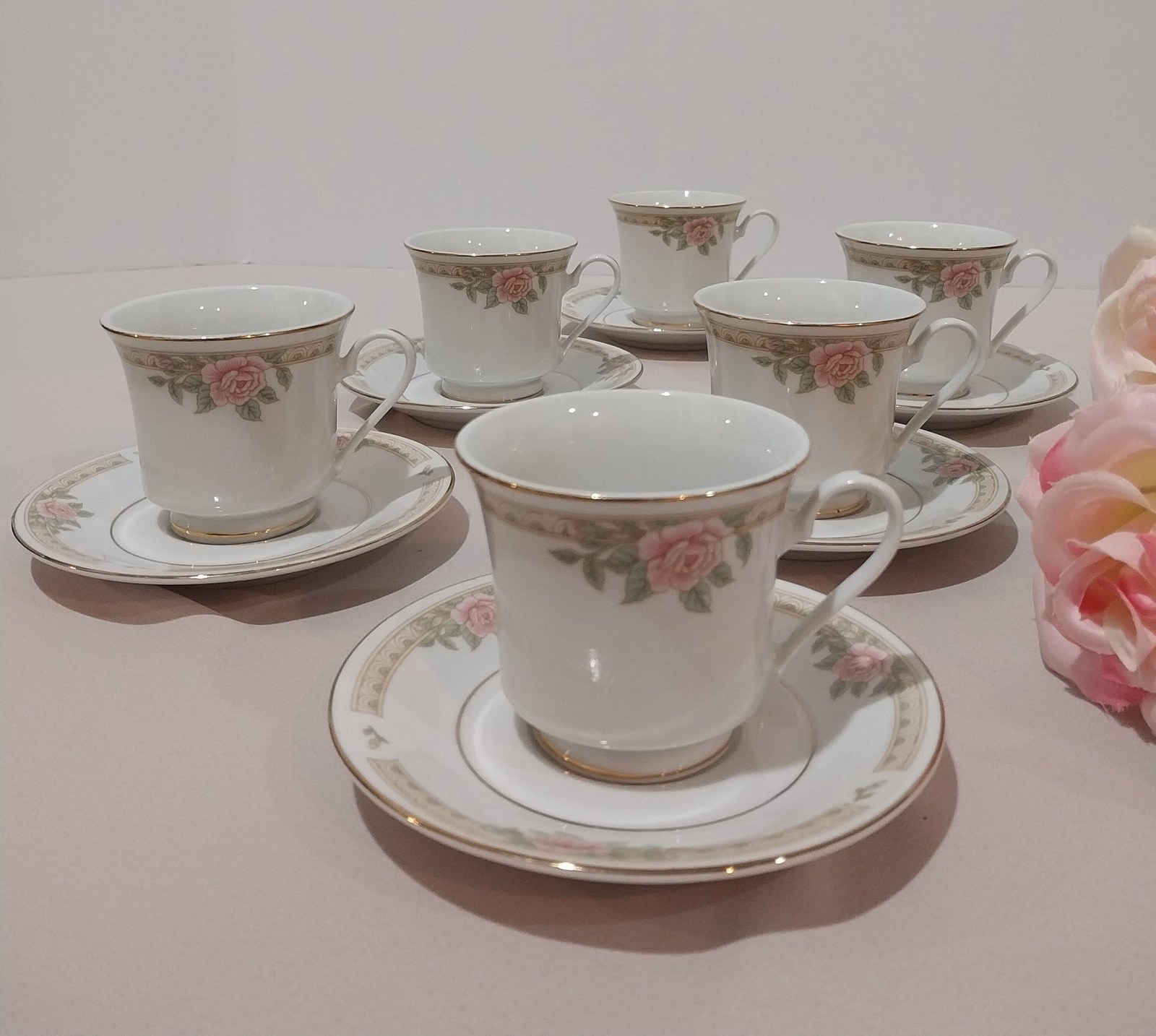 1950s Lynn's Fine China Demitasse Set: Rose Pattern Espresso Cups