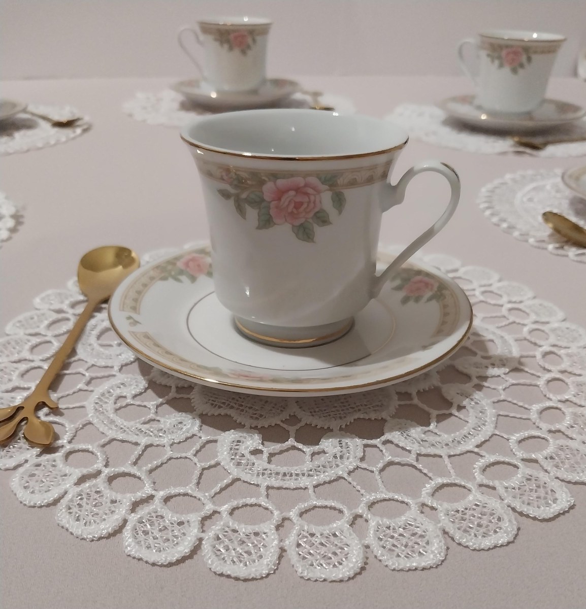 1950s Lynn's Fine China Demitasse Set: Rose Pattern Espresso Cups, view 5