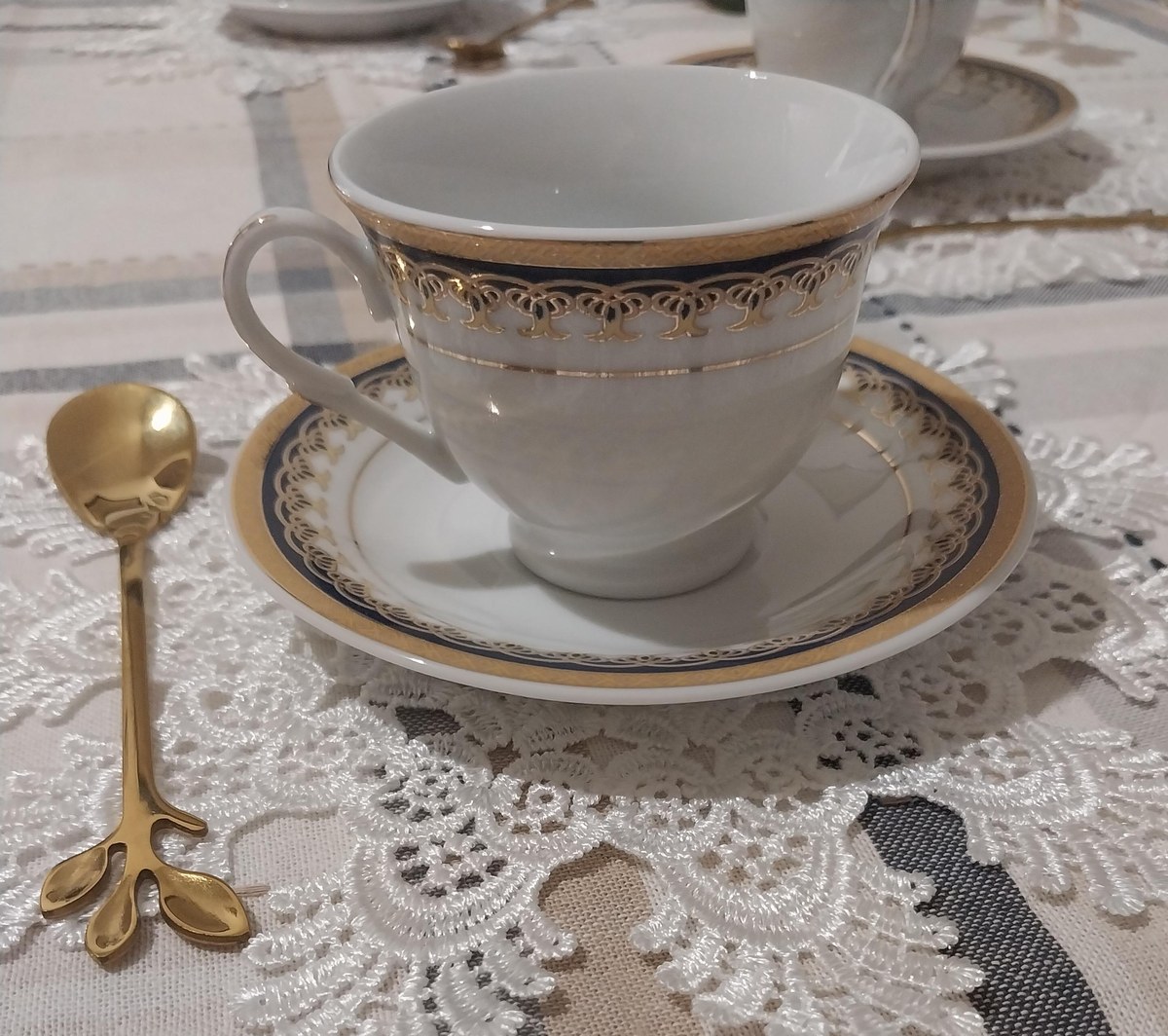 Vintage Lorren Fine China Demitasse Set: Navy Blue & Gold, 1990s Porcelain, view 5