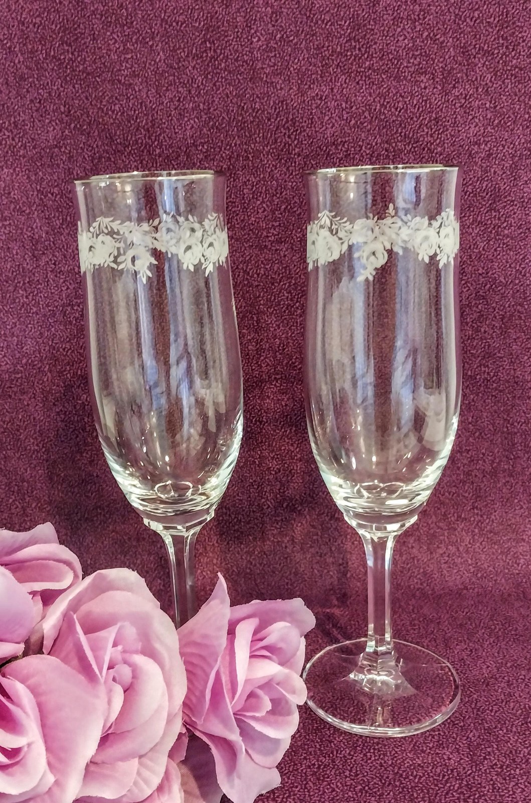 Vintage 1960s Haviland Sweetheart Rose Crystal Glasses Set of 2 – Bavaria, Platinum Rim