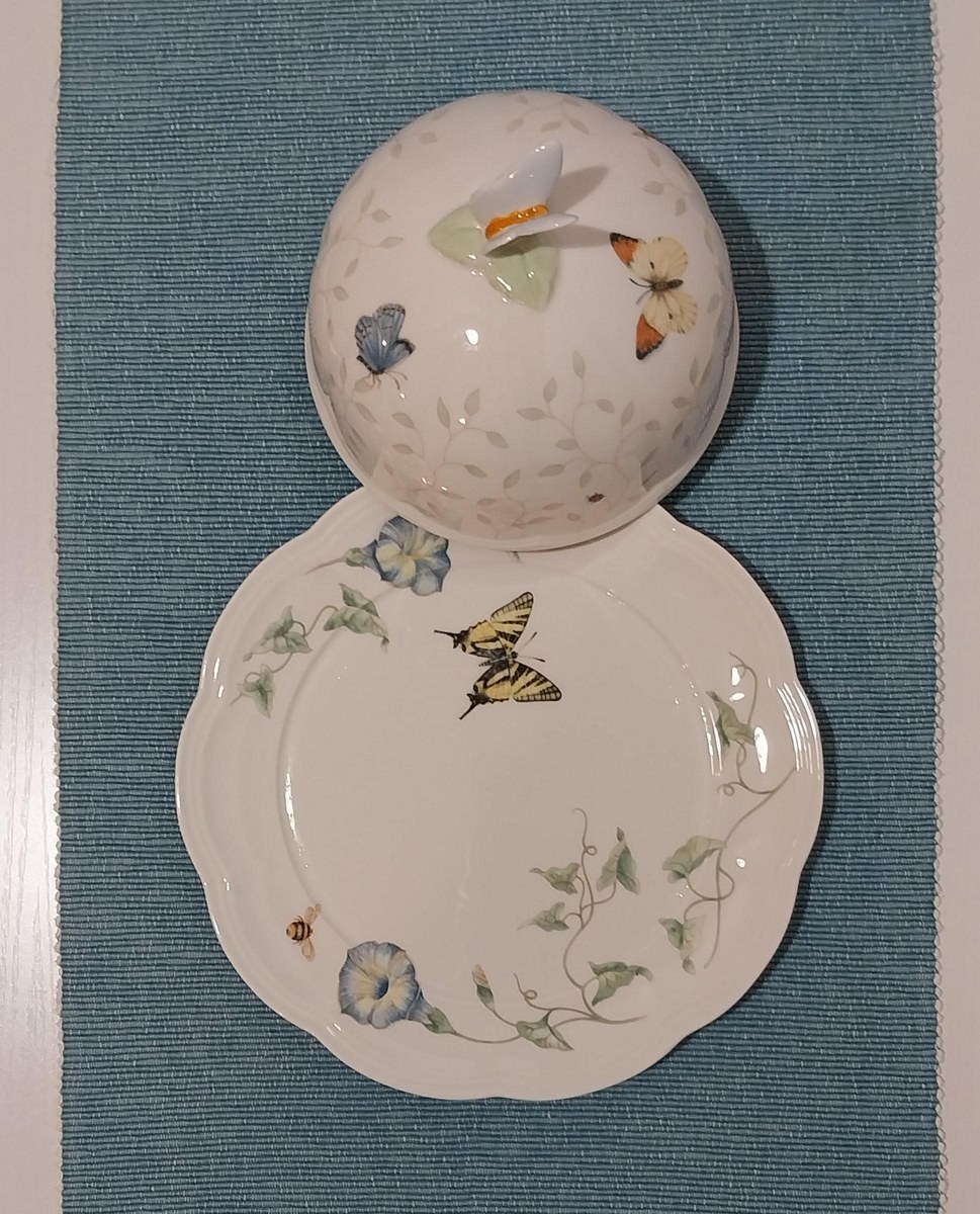 Lenox Butterfly Meadow Butter Dish: Louise Le Luyer Porcelain, Mint, view 5