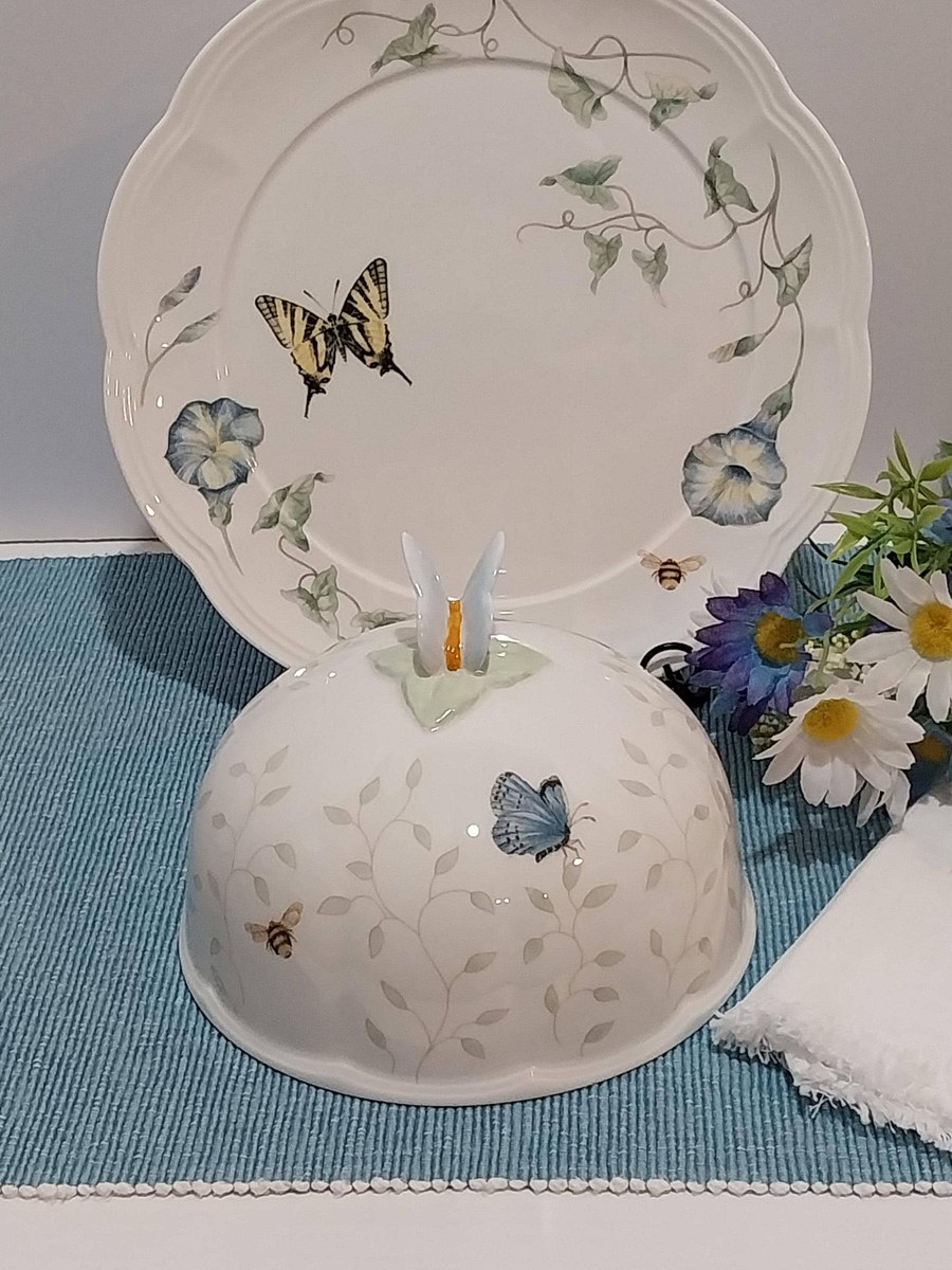 Lenox Butterfly Meadow Butter Dish: Louise Le Luyer Porcelain, Mint, view 9