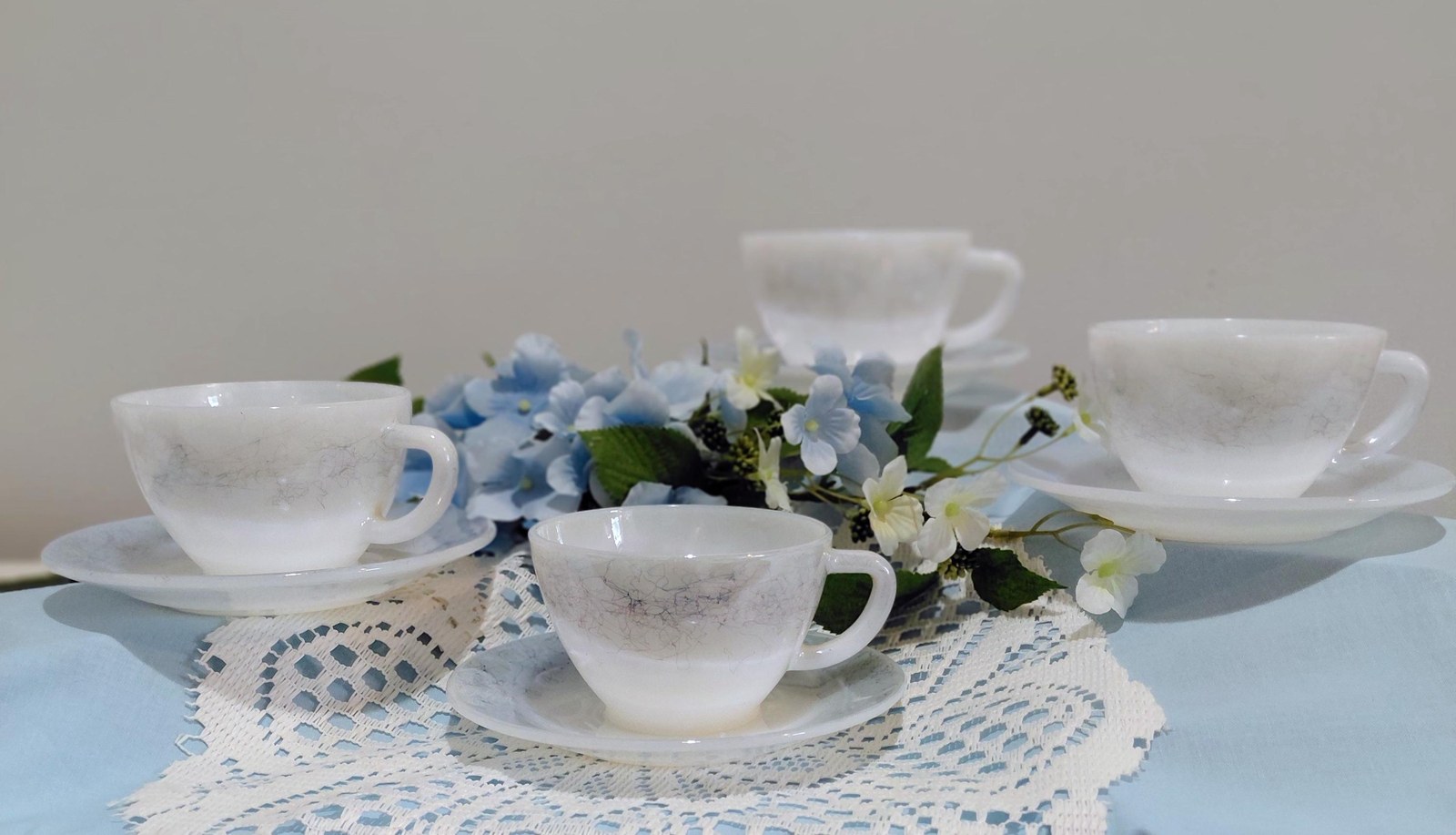 1960s Federal Glass Moonglow Cups and Saucers: Iridescent MCM Milk Glass Set