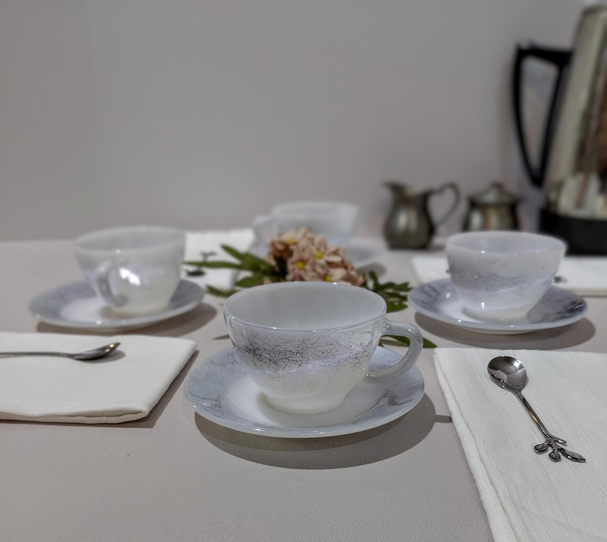 1960s Federal Glass Moonglow Cups and Saucers: Iridescent MCM Milk Glass Set, view 10