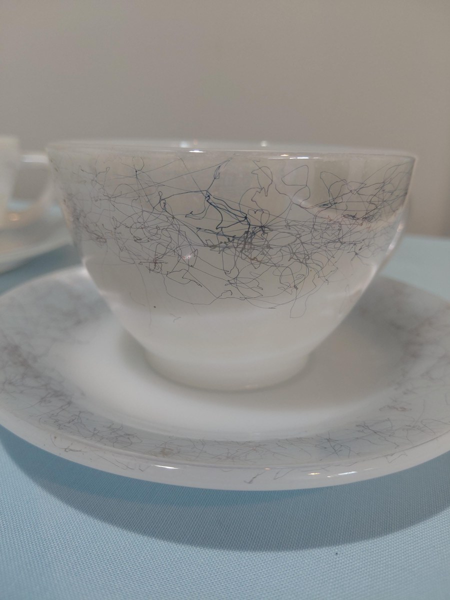 1960s Federal Glass Moonglow Cups and Saucers: Iridescent MCM Milk Glass Set, view 2