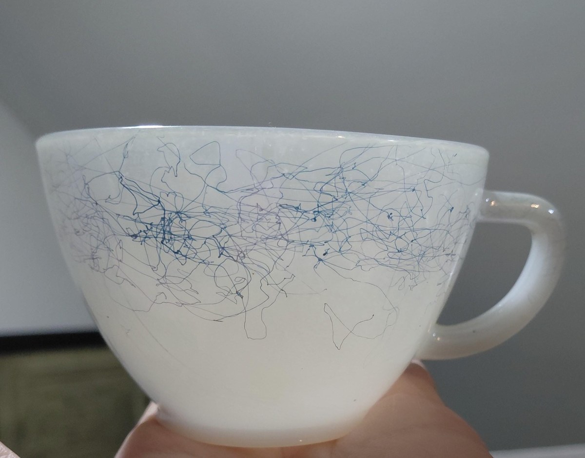1960s Federal Glass Moonglow Cups and Saucers: Iridescent MCM Milk Glass Set, view 3