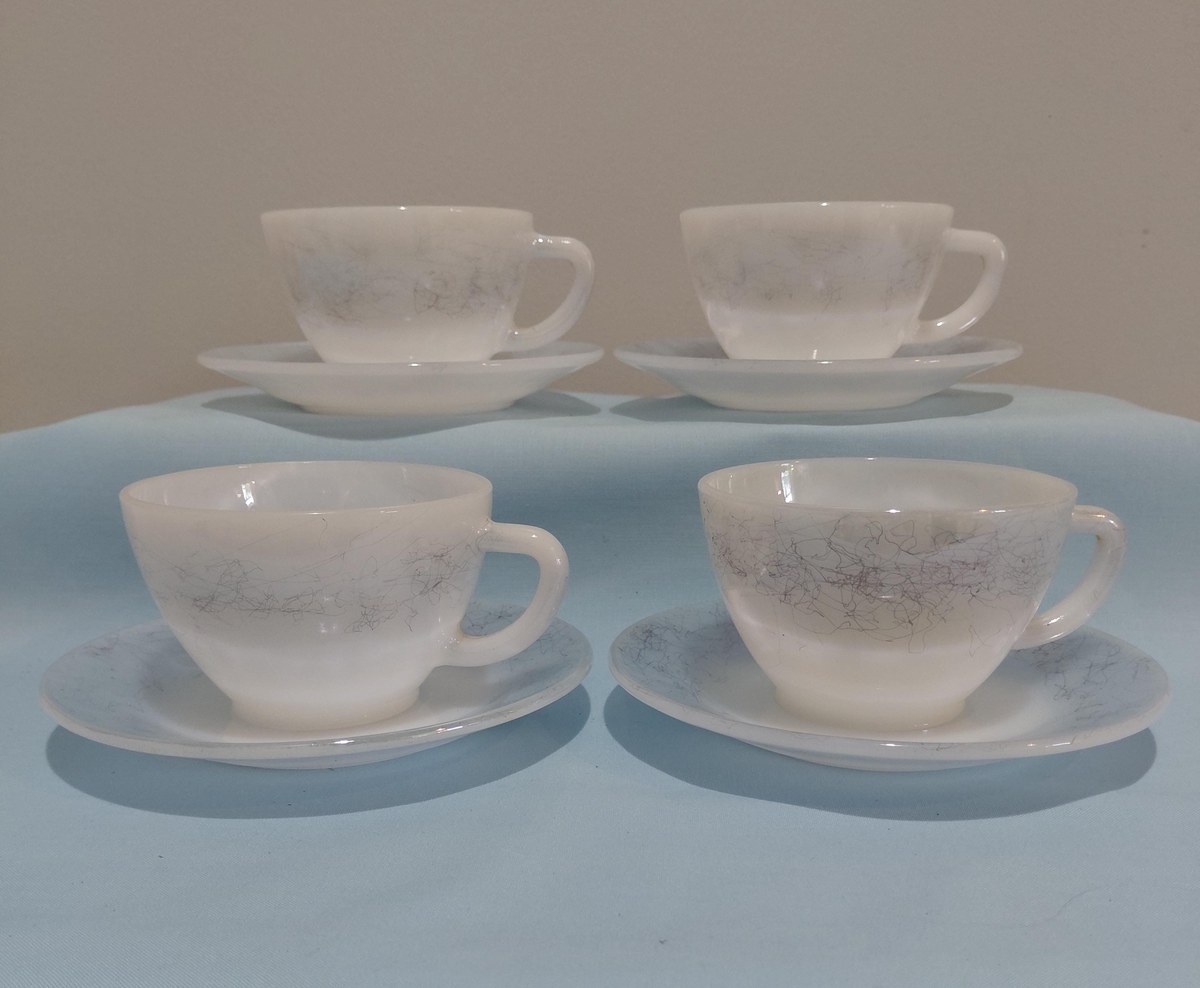 1960s Federal Glass Moonglow Cups and Saucers: Iridescent MCM Milk Glass Set, view 4