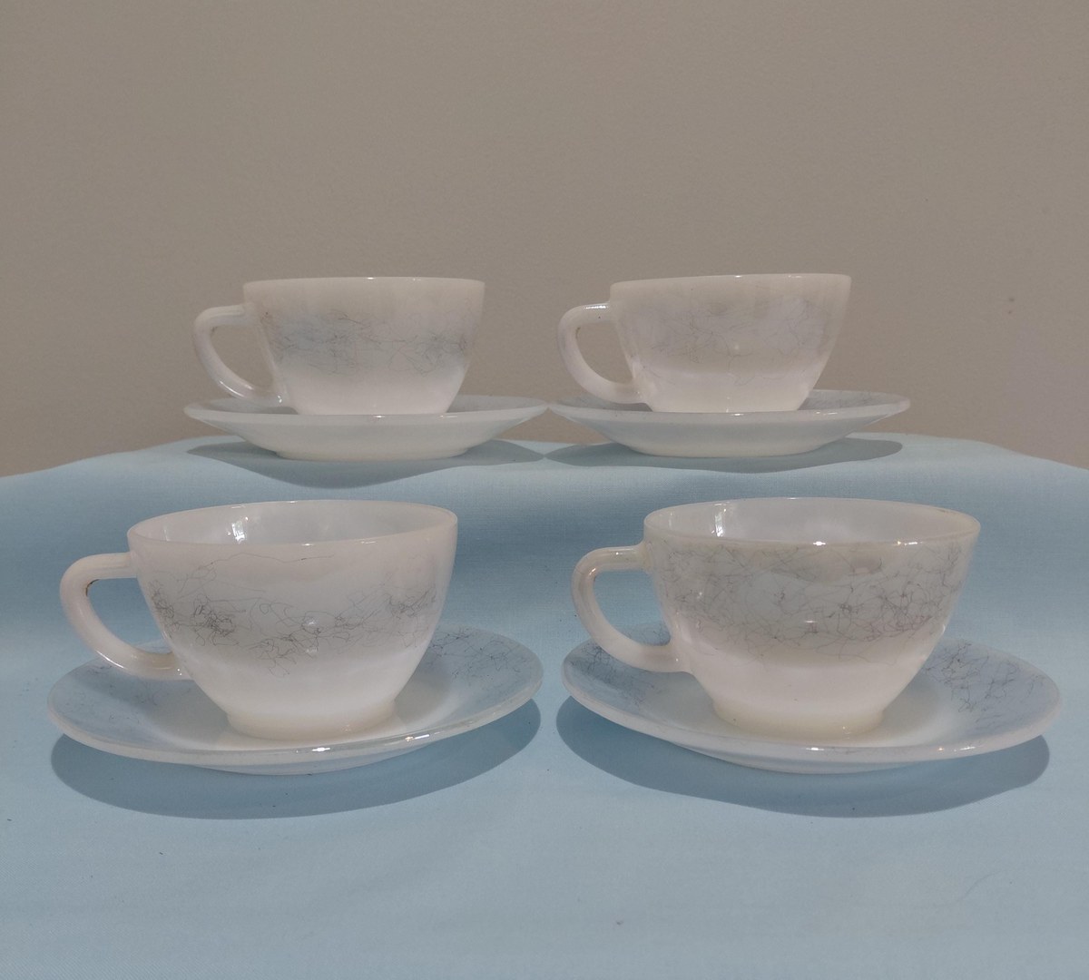 1960s Federal Glass Moonglow Cups and Saucers: Iridescent MCM Milk Glass Set, view 5