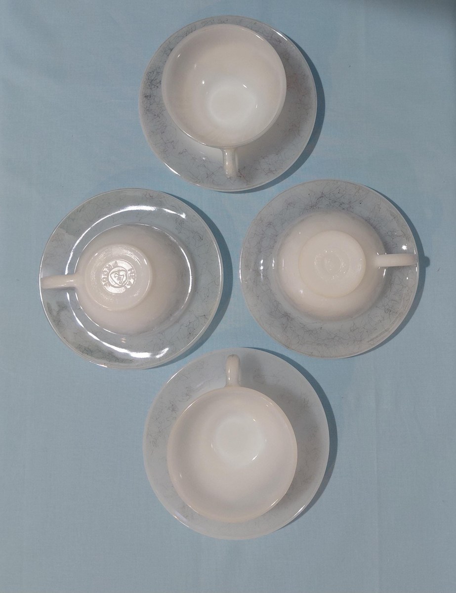 1960s Federal Glass Moonglow Cups and Saucers: Iridescent MCM Milk Glass Set, view 6
