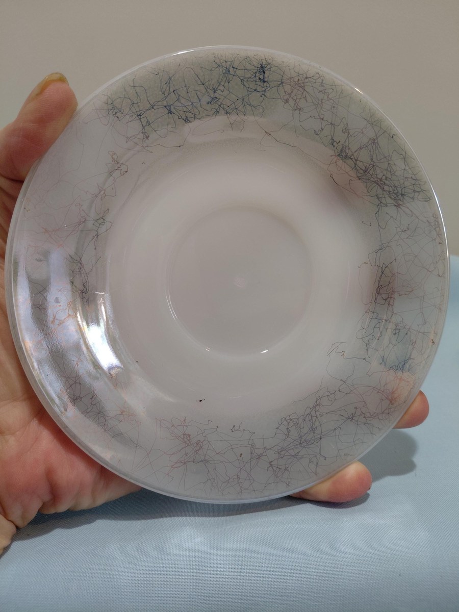 1960s Federal Glass Moonglow Cups and Saucers: Iridescent MCM Milk Glass Set, view 7