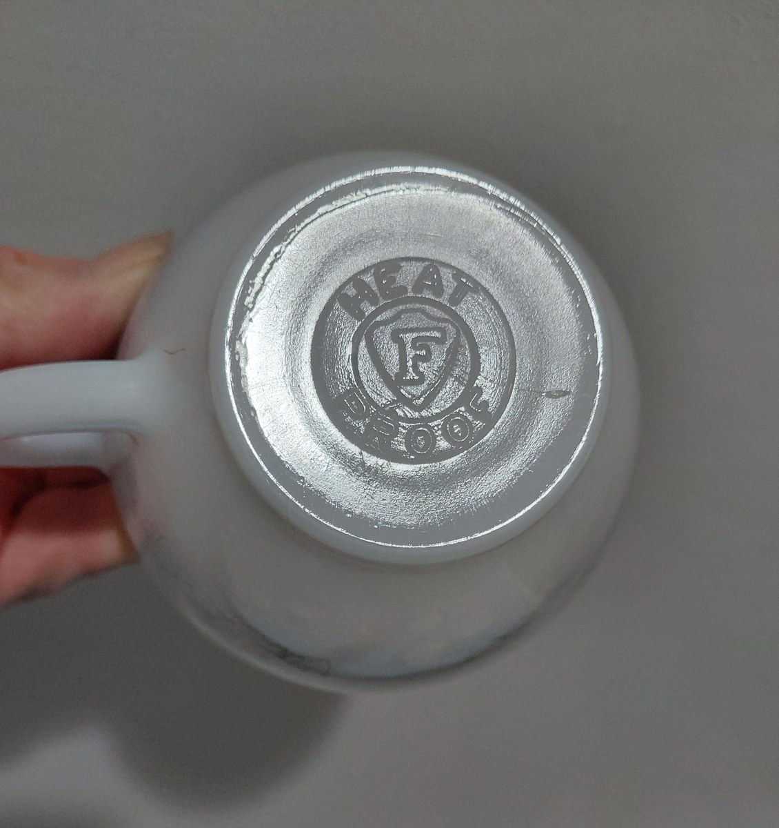 1960s Federal Glass Moonglow Cups and Saucers: Iridescent MCM Milk Glass Set, view 8