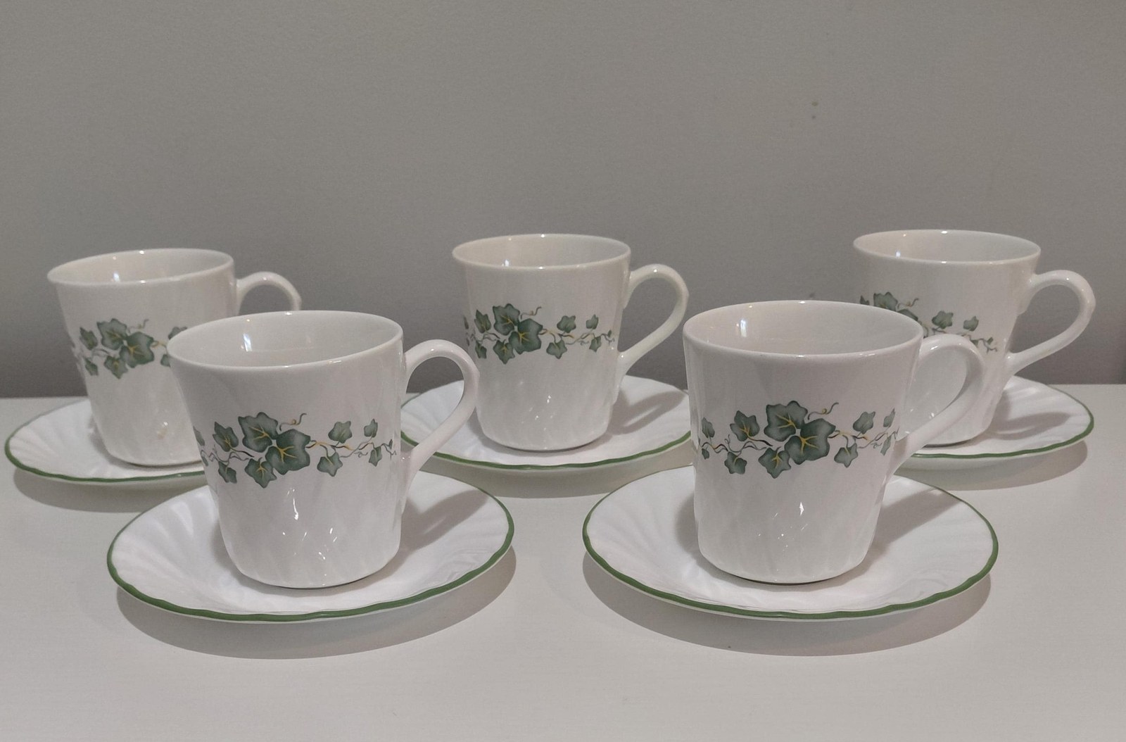 Vintage Corningware Ivy Cups and Saucers: 3 Sets, Green Ivy on White Swirl