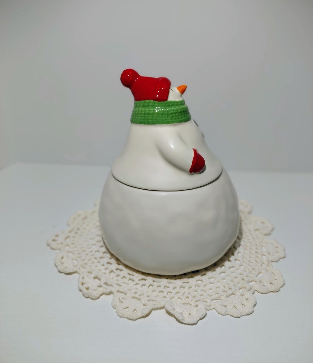 Hallmark Ceramic Snowman Treat Jar 1990s Red Hat Green Scarf Holiday Cookie Jar, view 2