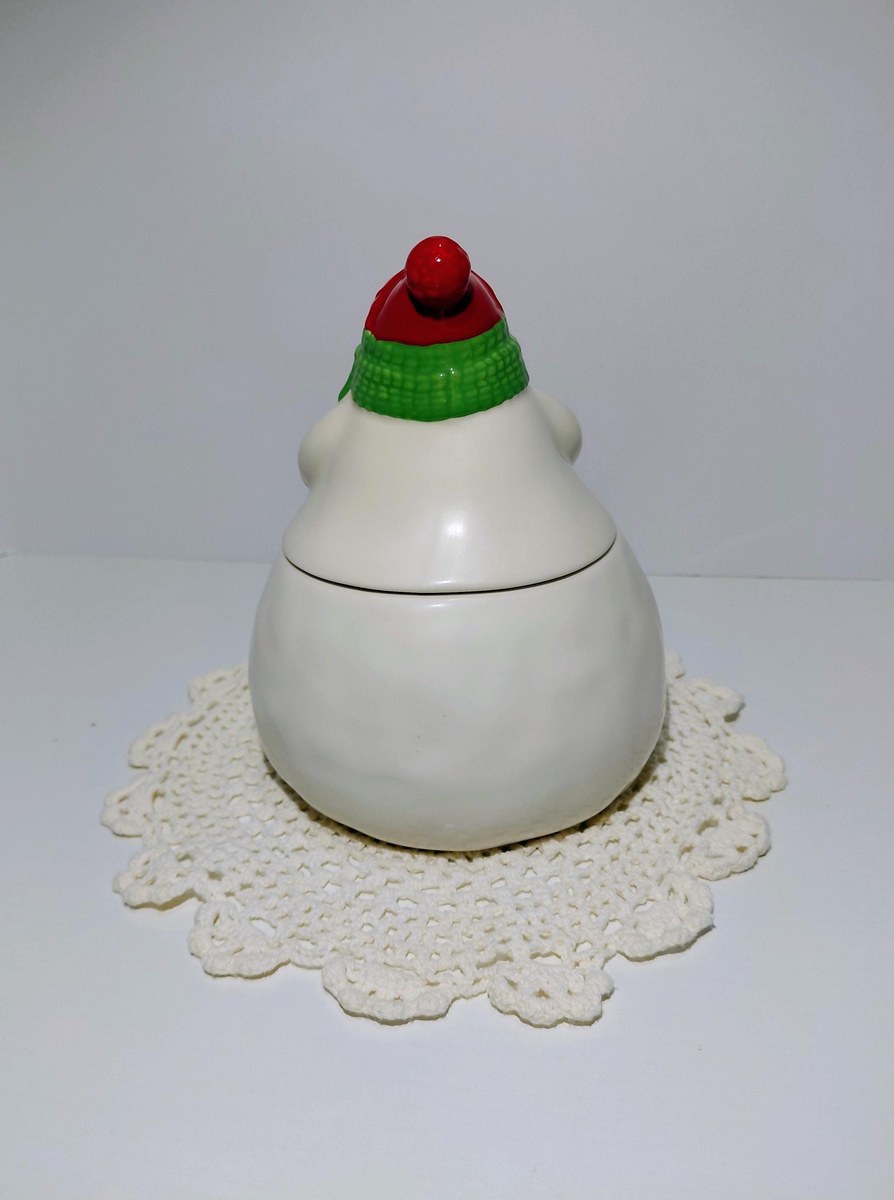Hallmark Ceramic Snowman Treat Jar 1990s Red Hat Green Scarf Holiday Cookie Jar, view 3