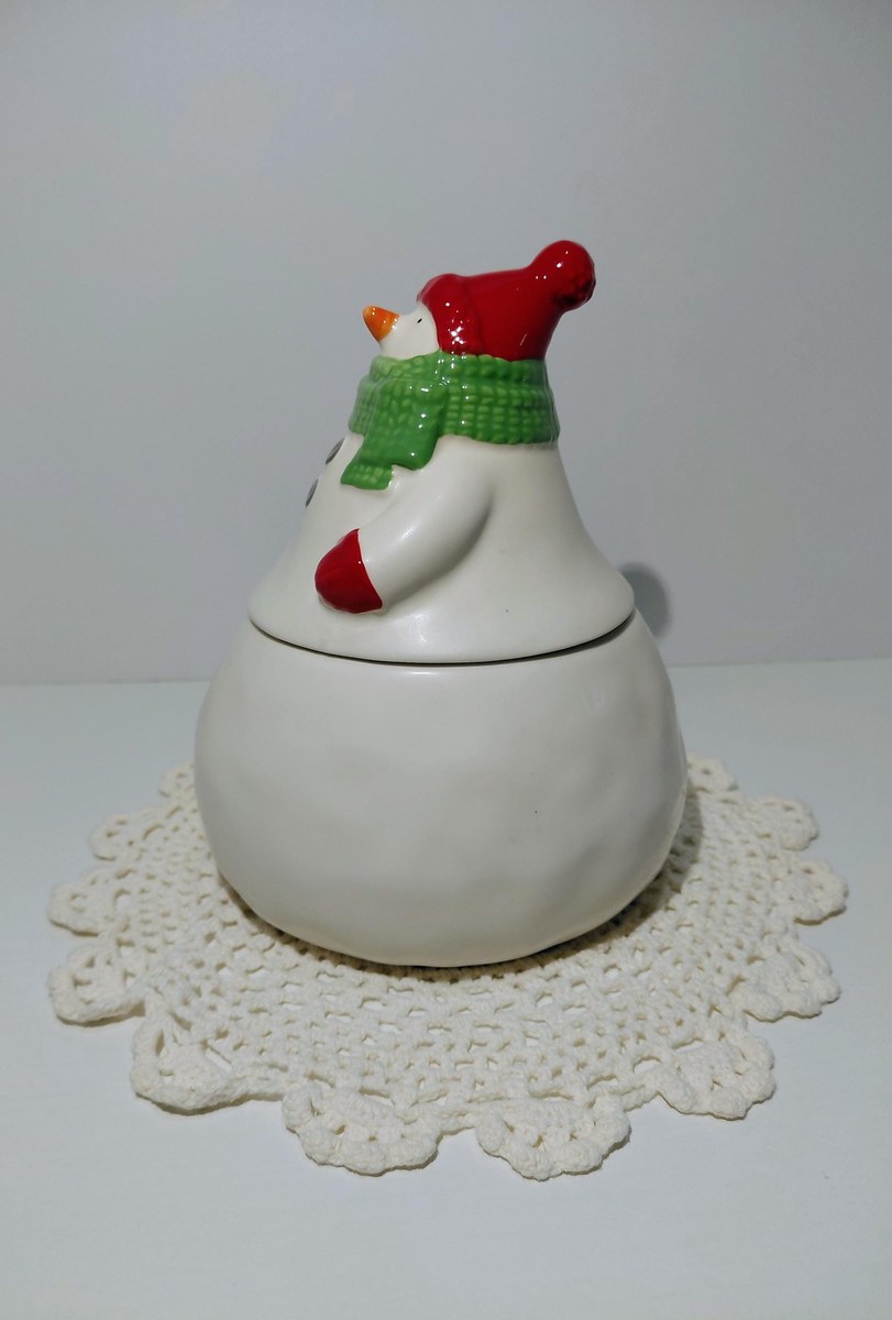 Hallmark Ceramic Snowman Treat Jar 1990s Red Hat Green Scarf Holiday Cookie Jar, view 4
