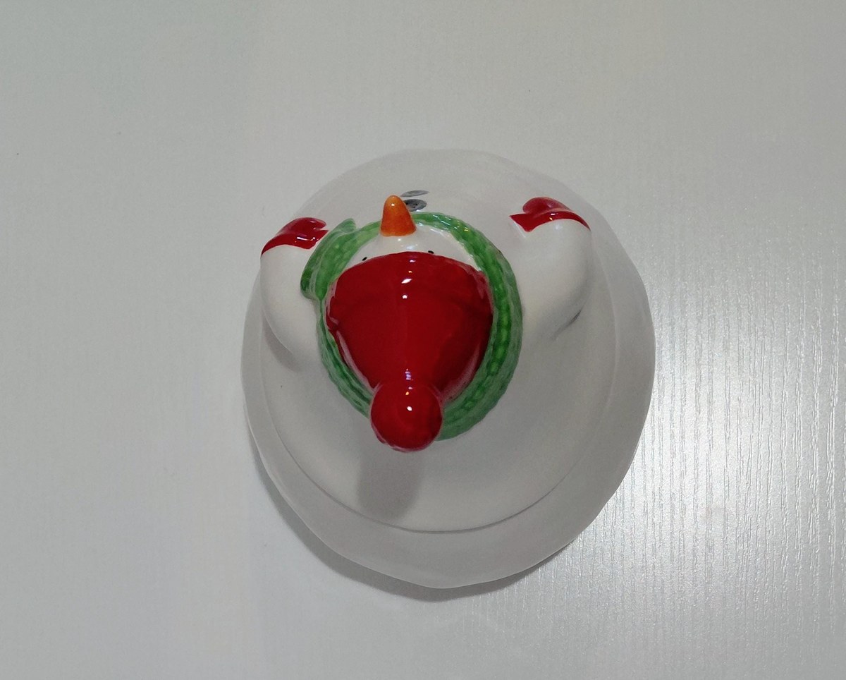 Hallmark Ceramic Snowman Treat Jar 1990s Red Hat Green Scarf Holiday Cookie Jar, view 5