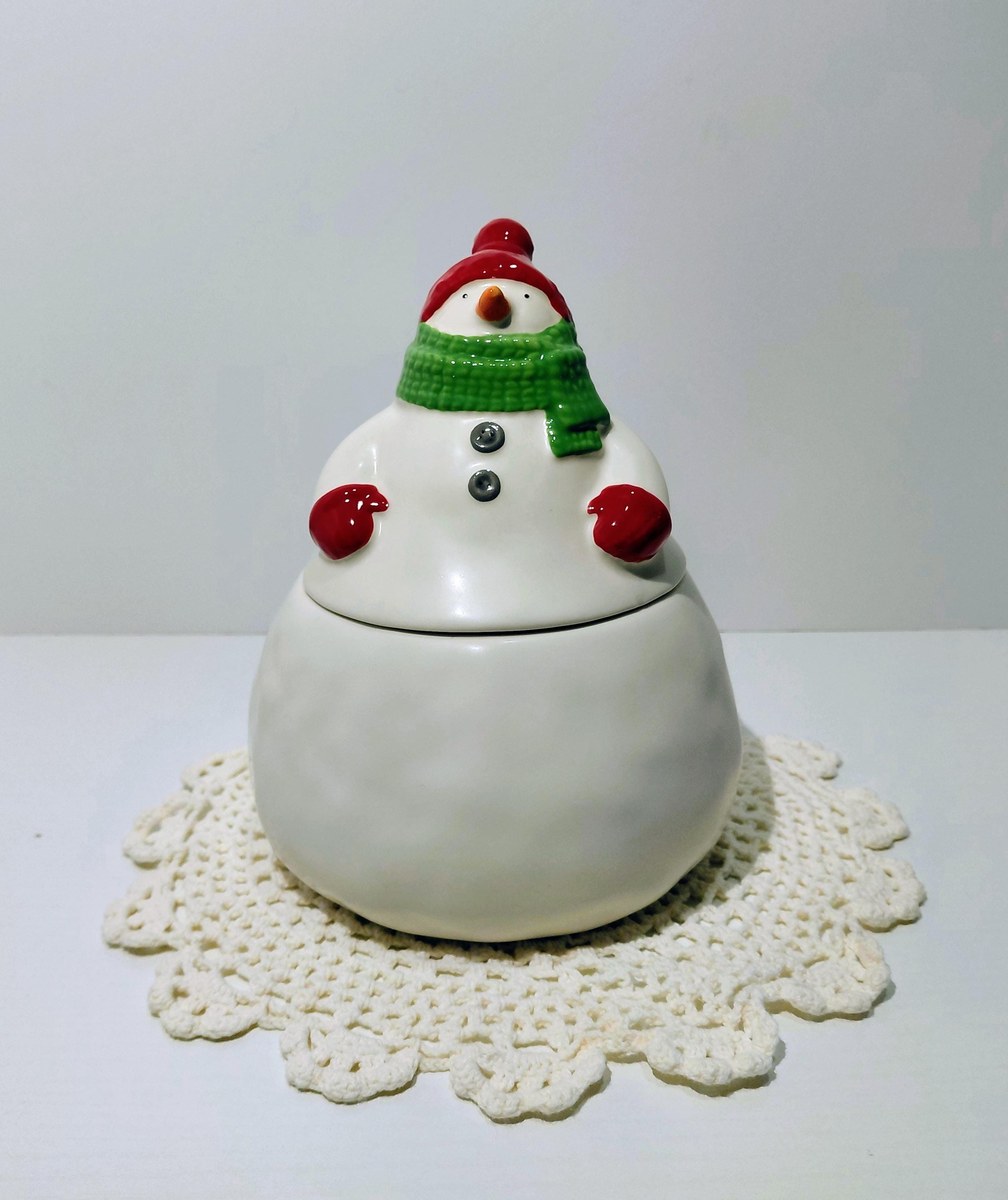 Hallmark Ceramic Snowman Treat Jar 1990s Red Hat Green Scarf Holiday Cookie Jar, view 6