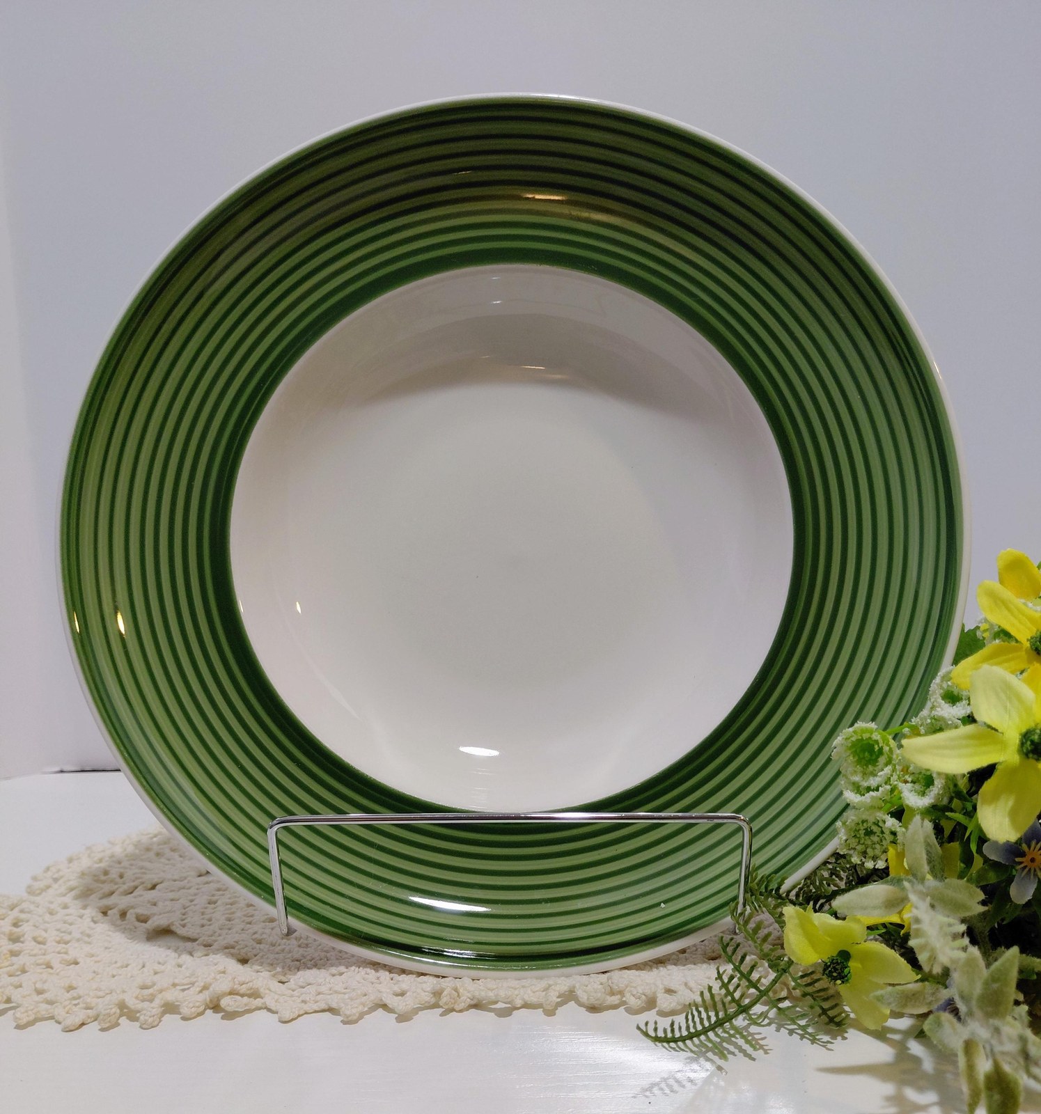 Vintage Tuxton Pasta Bowl – 12" White China, Green Band Restaurant Ware